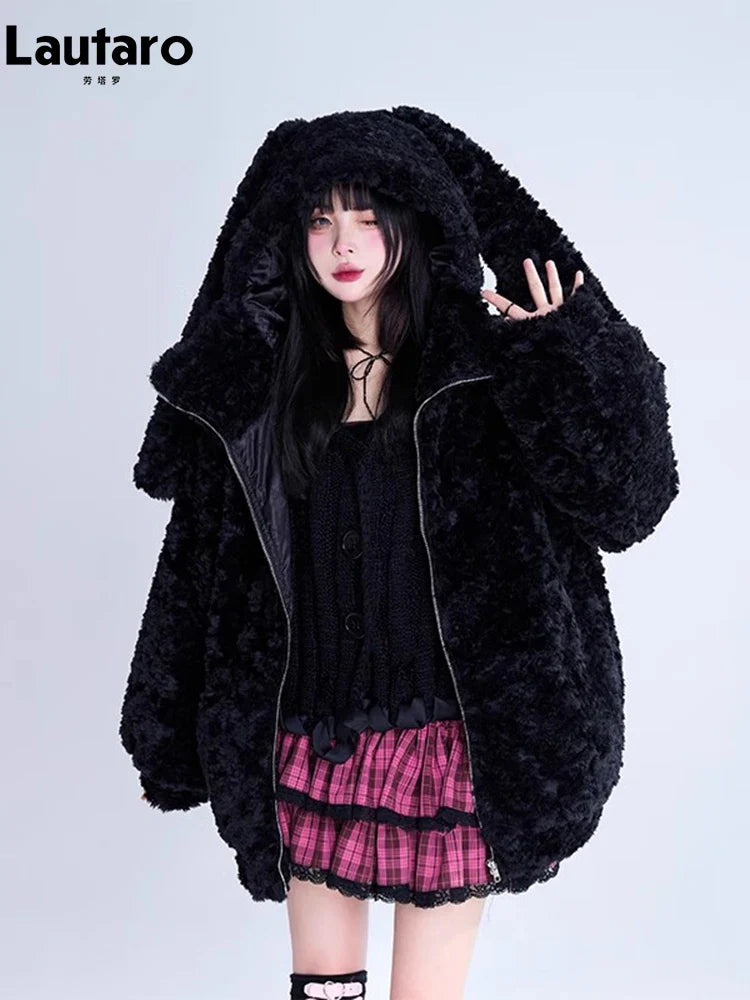 2023 Women's Black Faux Fur Coat with Bunny Ears - Soft Fluffy Winter Jacket, Warm Fuzzy Hoodie for Autumn & Winter | Perfect for Cold Weather, Holiday Parties & Casual Outings
