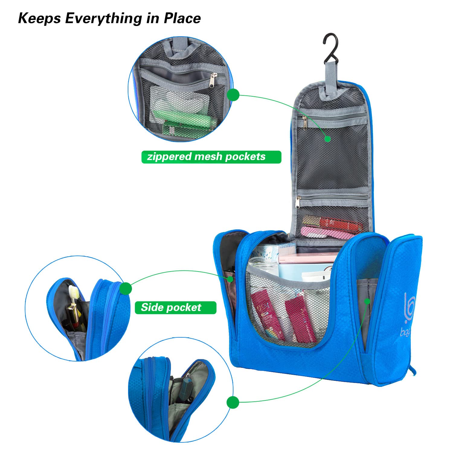 Waterproof Hanging Travel Toiletry Bag for Women & Men - Large Bathroom Organizer with Multiple Pockets | Perfect for Makeup, Shampoo & Toiletries Storage | Ideal for Air Travel, Camping & Gym (Blue)