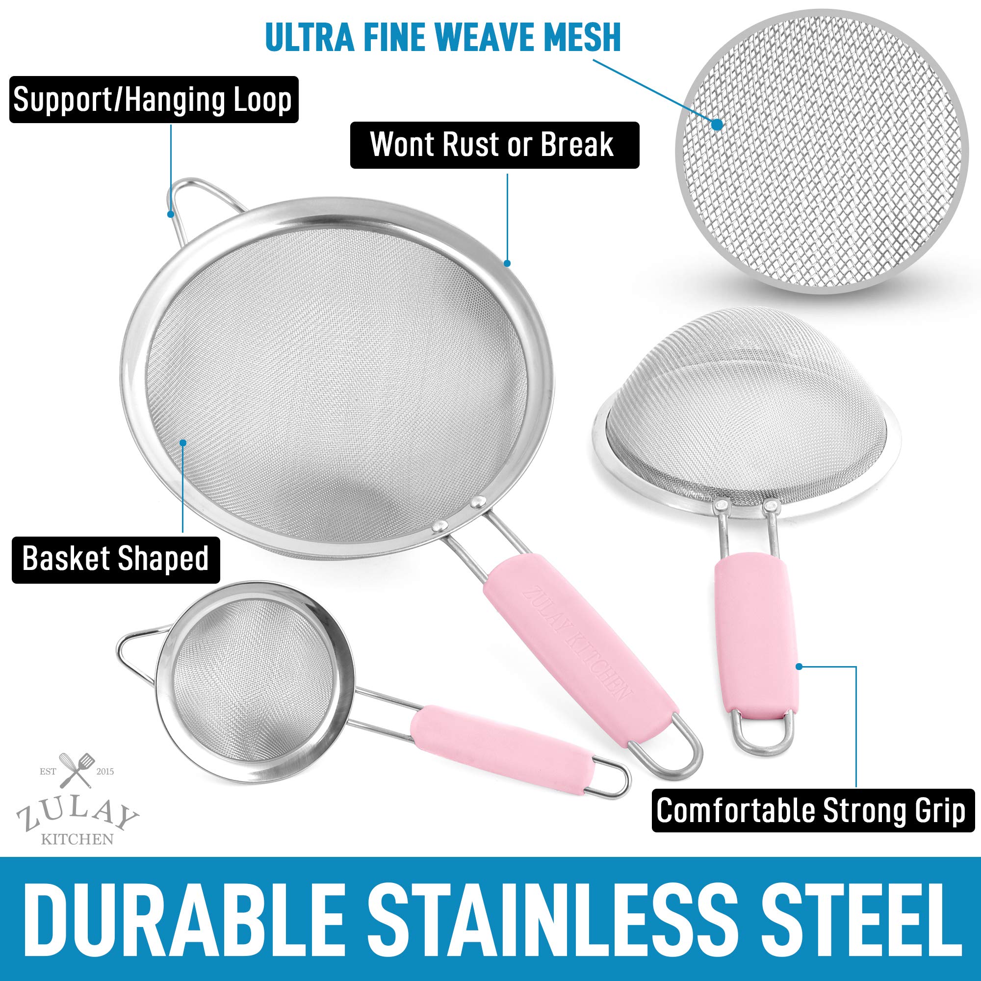 Premium Stainless Steel Strainer Set - 3 Sizes for Kitchen, Non-Slip Handles - Perfect for Baking & Cooking