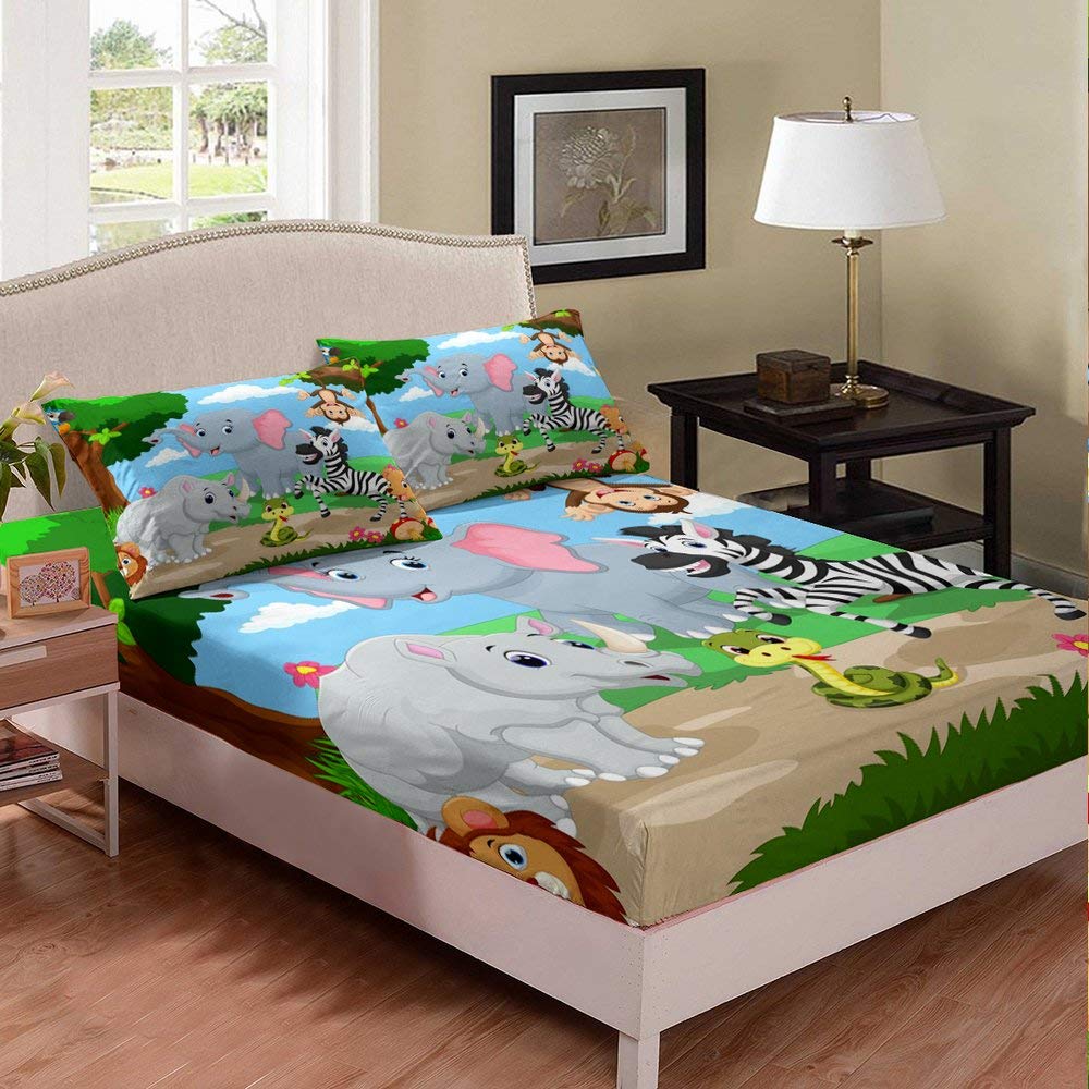 Zebra Cartoon Snake Bed Sheet Set for Kids - Queen Size 3-Piece Bedding with Monkey Zoo, Hippo & Elephant Designs - Fun & Modern Bed Cover for Boys & Girls - Perfect for Kids' Rooms, Themed Bedrooms & Nursery Decor