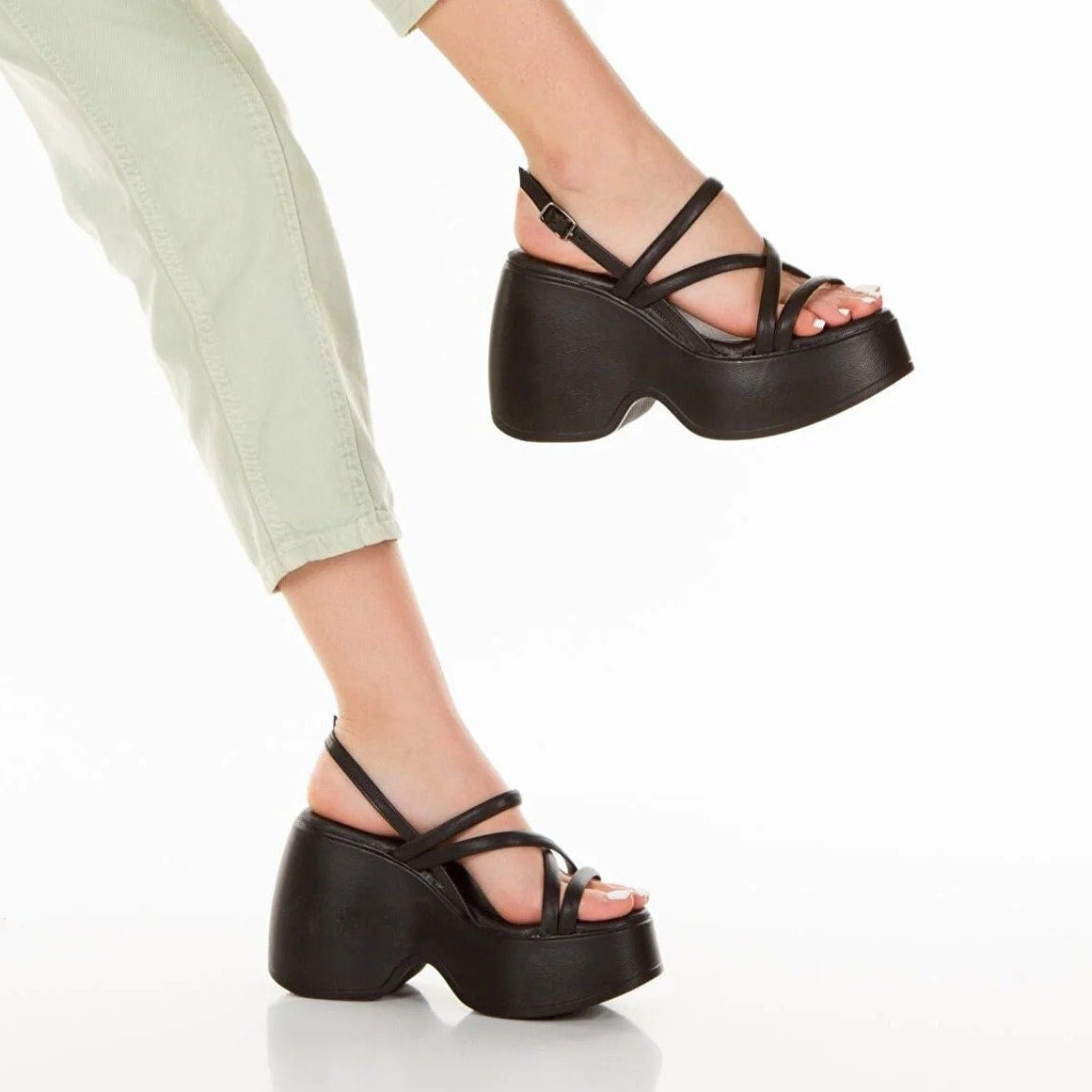 Diana Black Chunky Wedge Sandals for Women - Comfortable High Heel Platform Shoes for Summer, Beach, and Casual Outings