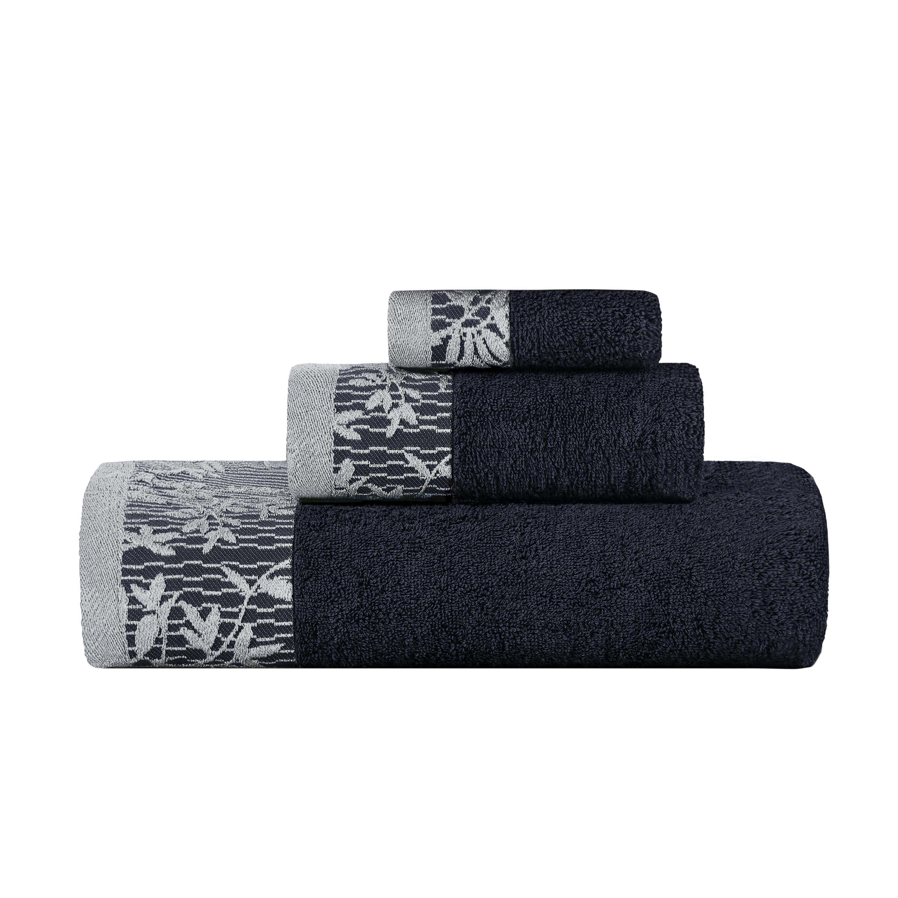 Wisteria Cotton Floral Embroidered Jacquard Border 3-Piece Bath Towel Set - Soft & Absorbent for Bathroom, Spa, and Guest Use