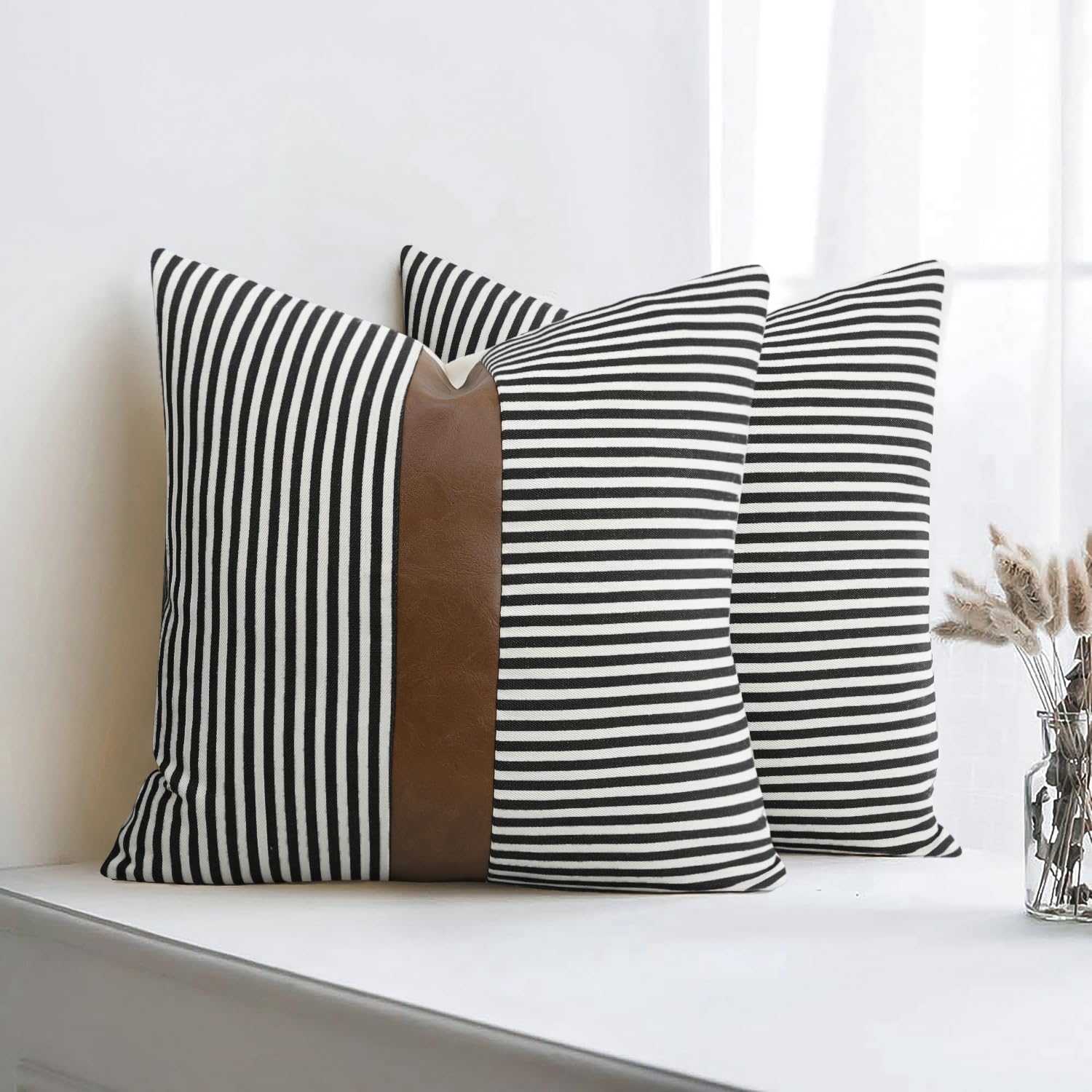 20x20 Inch Farmhouse Decorative Pillow Covers Set of 2 - Black Stripe Leather Accent Pillowcases for Couch, Sofa & Living Room Decor - Perfect for Farmhouse, Modern & Rustic Home Styling