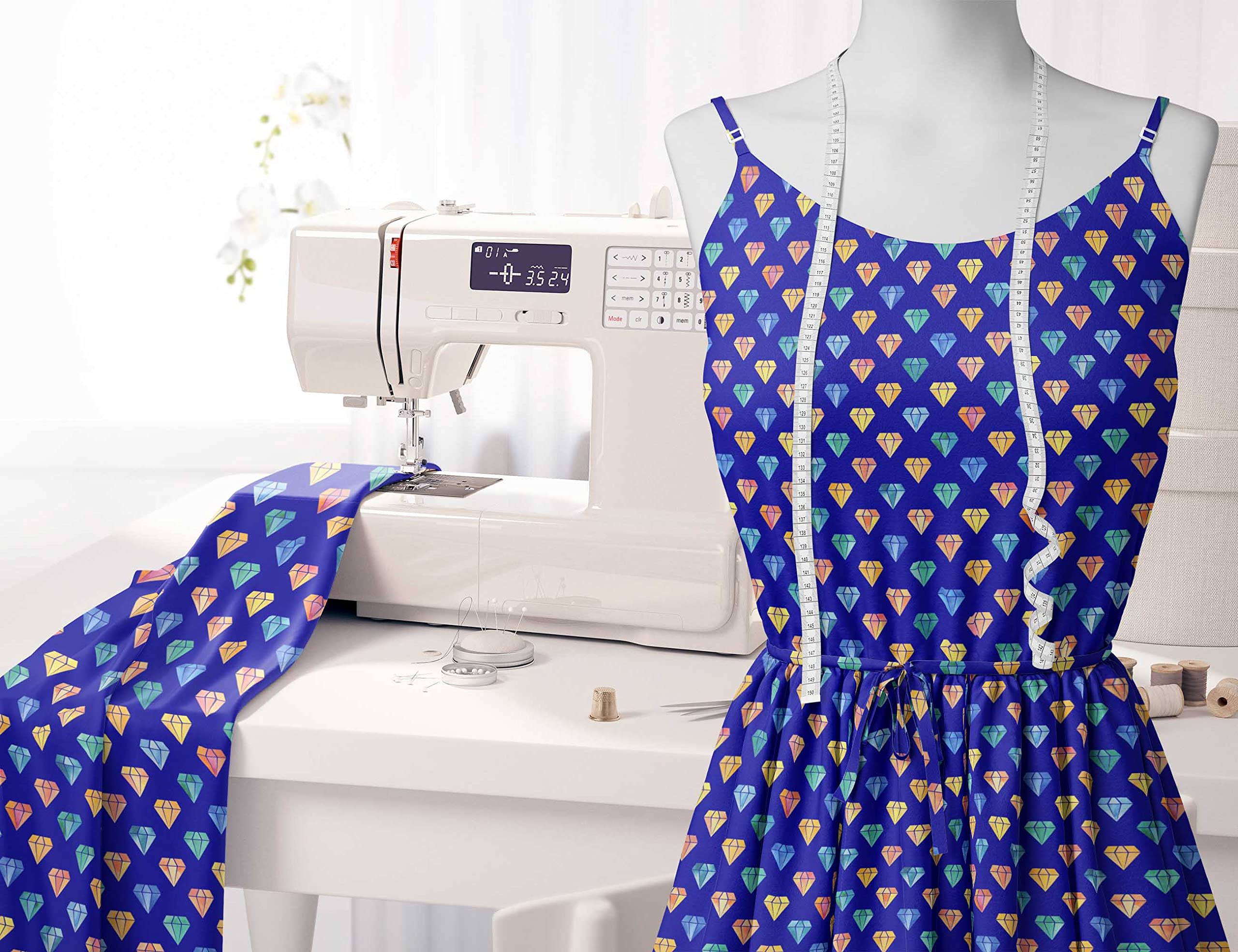 Soimoi Moss Georgette Blue Fabric by The Yard - 42 Inch Wide Diamond Geometric Print Fabric for Dresses, Curtains & Home Decor - Elegant Classic Printed Chiffon Material for Sewing Projects
