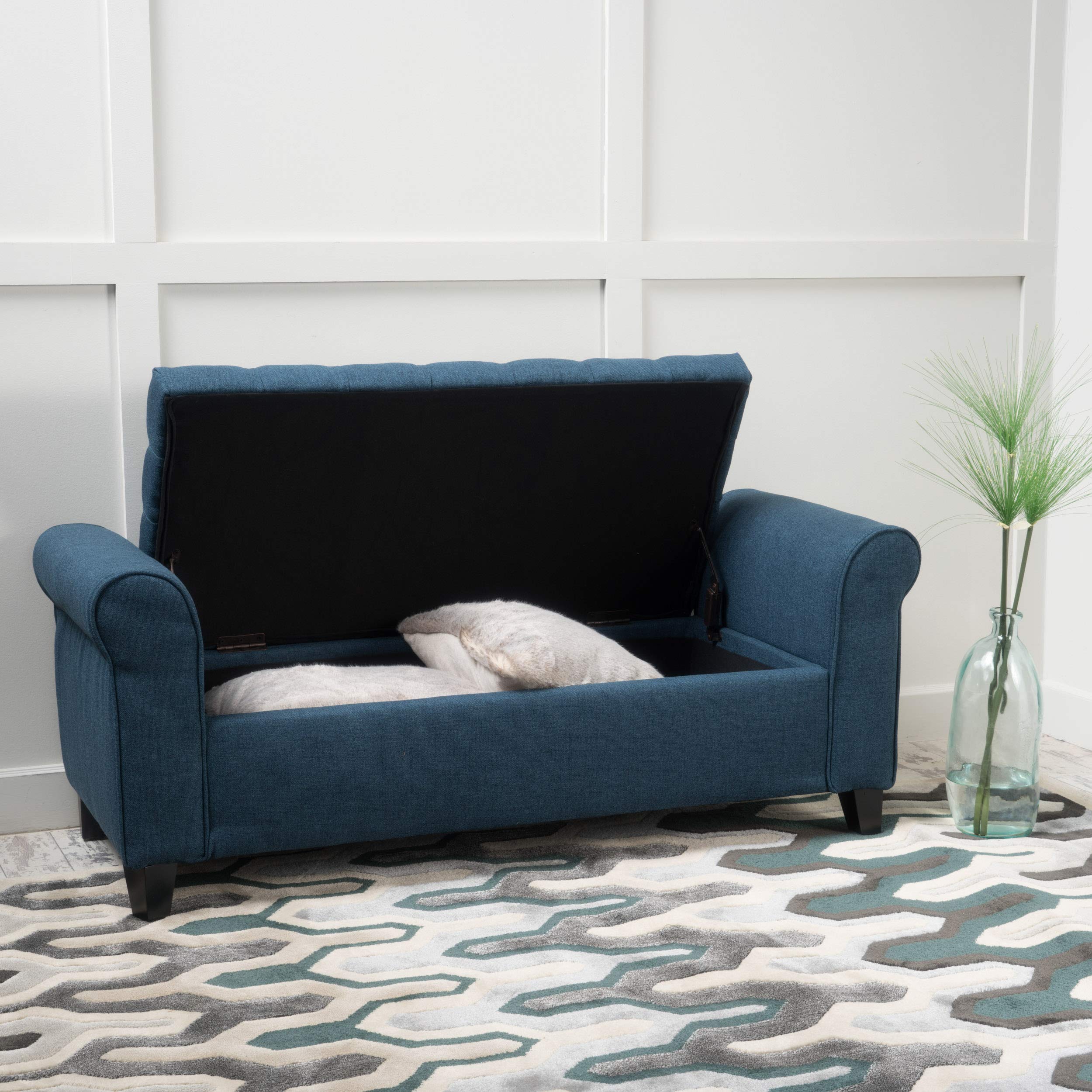 Christopher Knight Home Keiko Fabric Storage Bench with Arms - Dark Blue Upholstered Entryway Bench (19.75