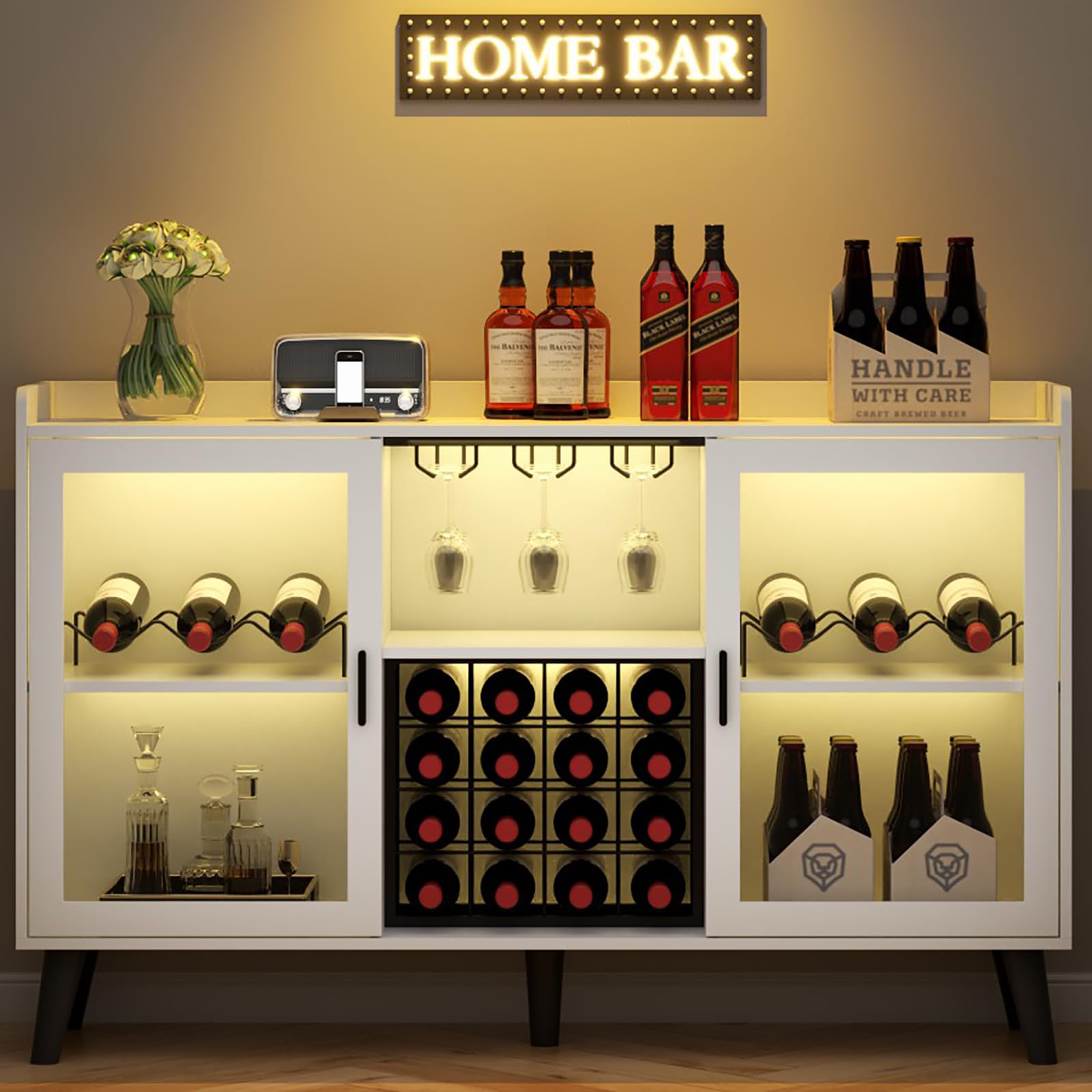 Modern Wine Bar Cabinet with LED Lights - Freestanding Kitchen Sideboard Buffet with Wine Rack, Glass Holder & Storage Shelves - White Glass Door Liquor Cabinet for Home, Dining Room & Entertaining Spaces