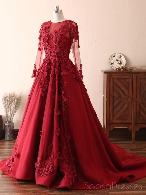 Elegant Long Sleeve Lace Dark Red Evening Prom Dress - Custom Sweet 16 Gown for Formal Events, Parties & Special Occasions | Style 18533