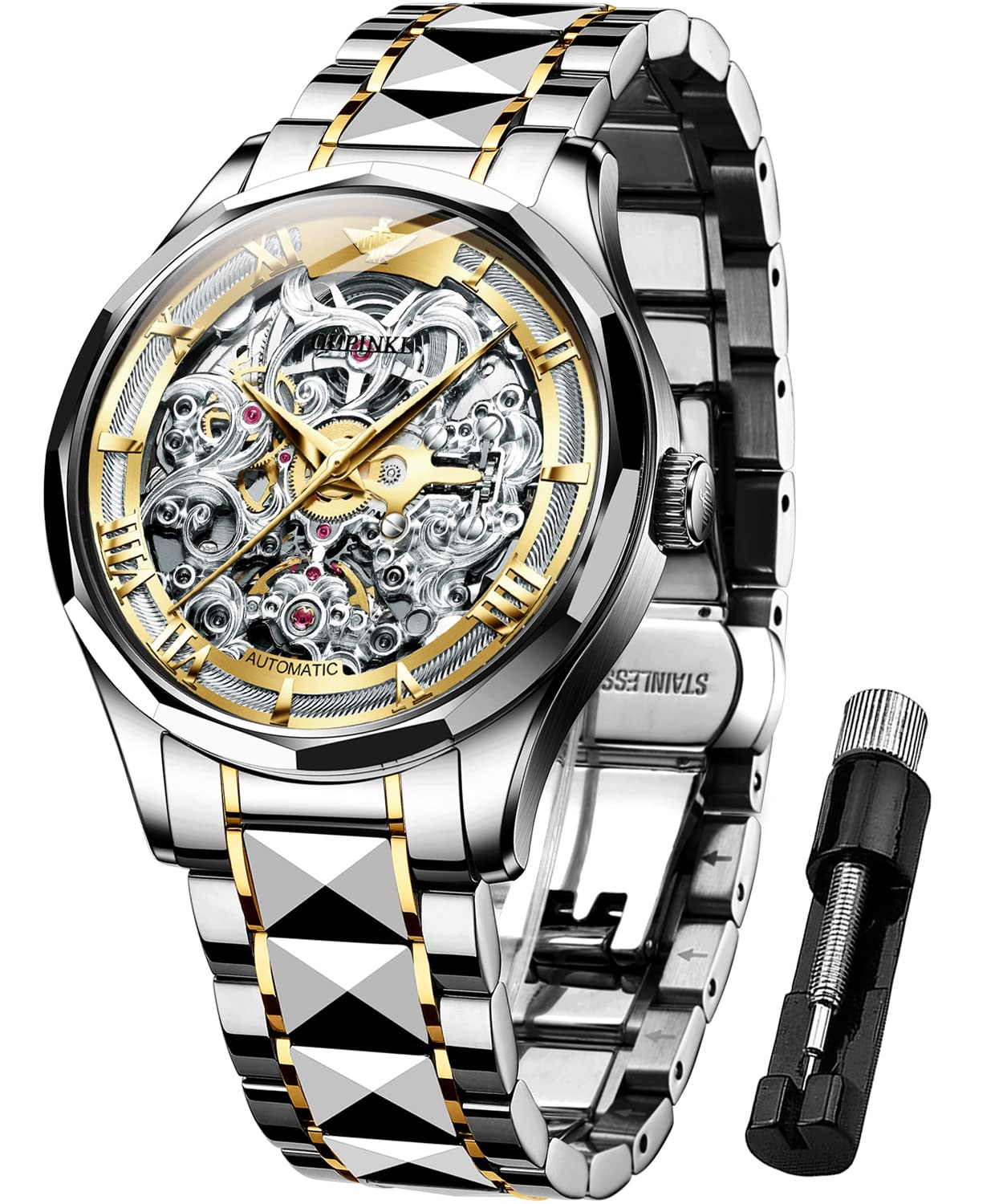 OUPINKE Swiss Luxury Men's Automatic Skeleton Mechanical Watch - Self-Winding, Sapphire Crystal, Tungsten Case, 100m Waterproof - Perfect for Business, Formal & Special Occasions