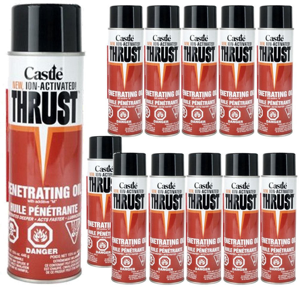 Castle Thrust Penetrating Oil - 15.75oz Aerosol Can (Pack of 12) - Rust Remover, Lubricant for Stuck Nuts, Bolts, Chains & Mechanical Parts - Ideal for Automotive, Industrial & Home Repair Use