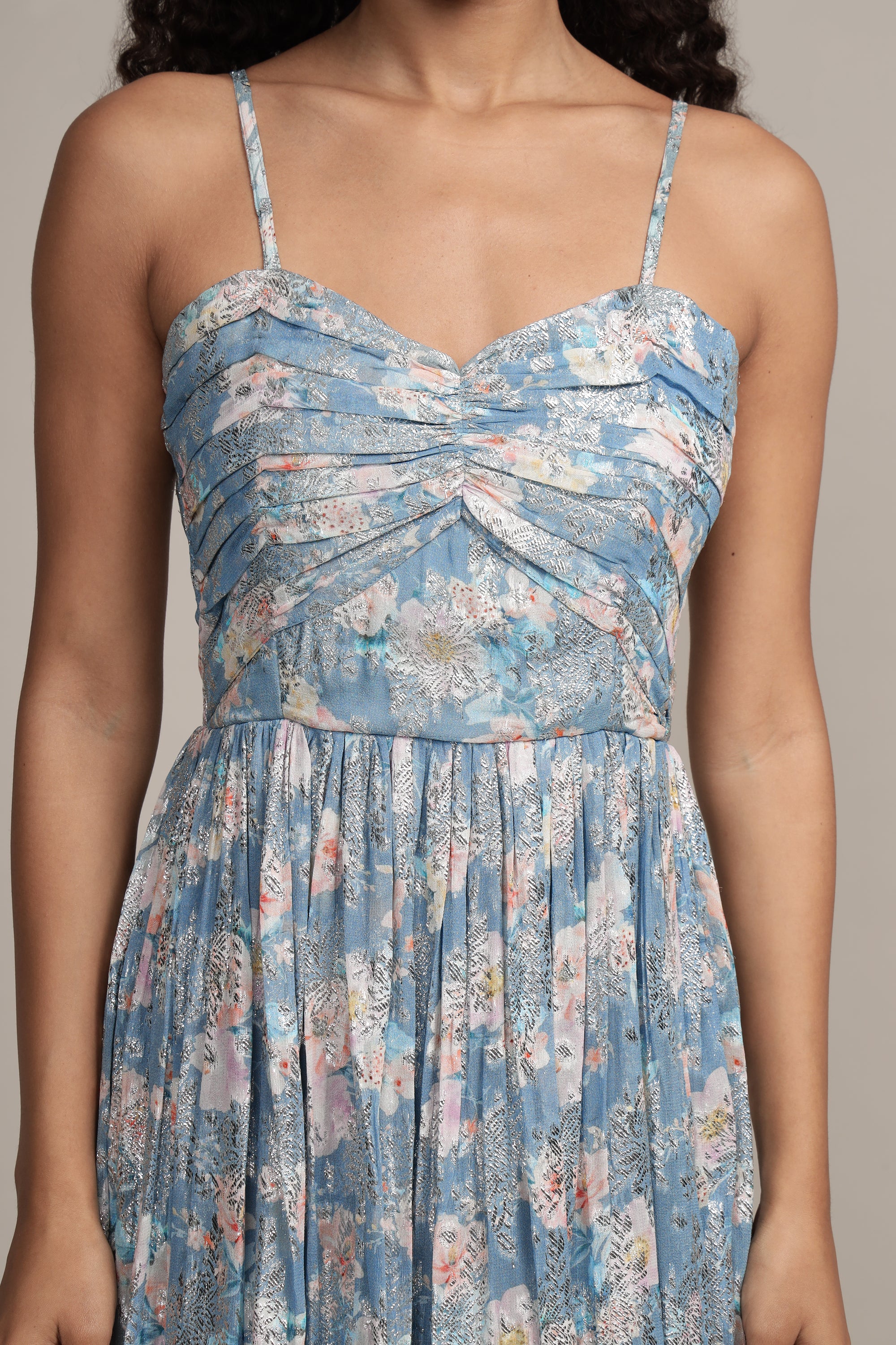 Nelex Metallic Printed Midi Dress - Blue Floral Elegant Party Dress for Women | Perfect for Cocktail Parties, Weddings & Date Nights