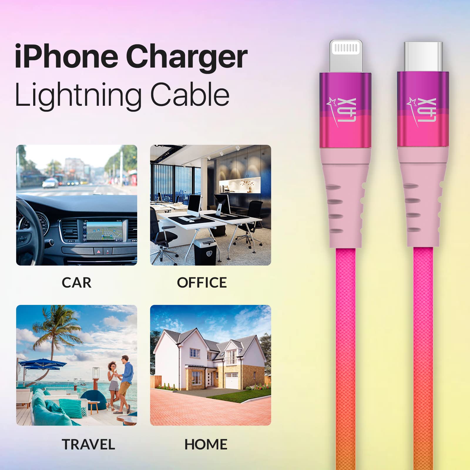 Apple MFi Certified USB C to Lightning Cable - 6ft Fast Charging Nylon Braided Cable for iPhone 14/14 Plus/14 Pro/14 Pro Max, iPad, iPod - Durable Rainbow Color - Perfect for Home, Office & Travel Charging