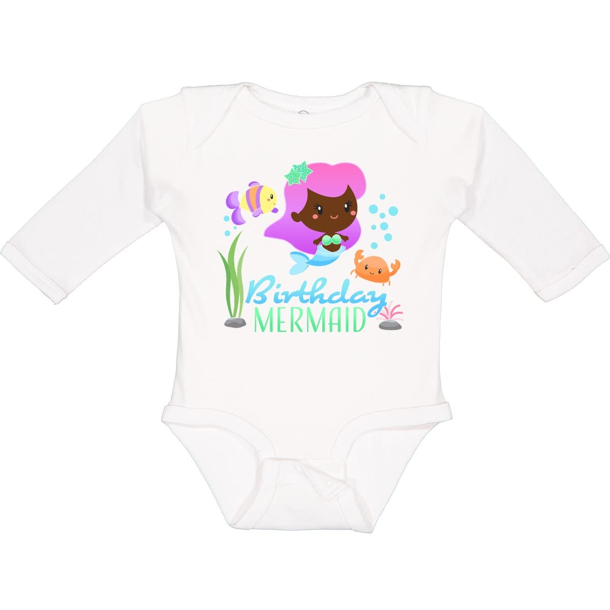 Inktastic Birthday Mermaid with Fish and Crab Print Long Sleeve Baby Bodysuit - Cute Outfit for Newborns, Infants & Toddlers - Perfect for Birthday Parties, Photo Shoots & Special Occasions