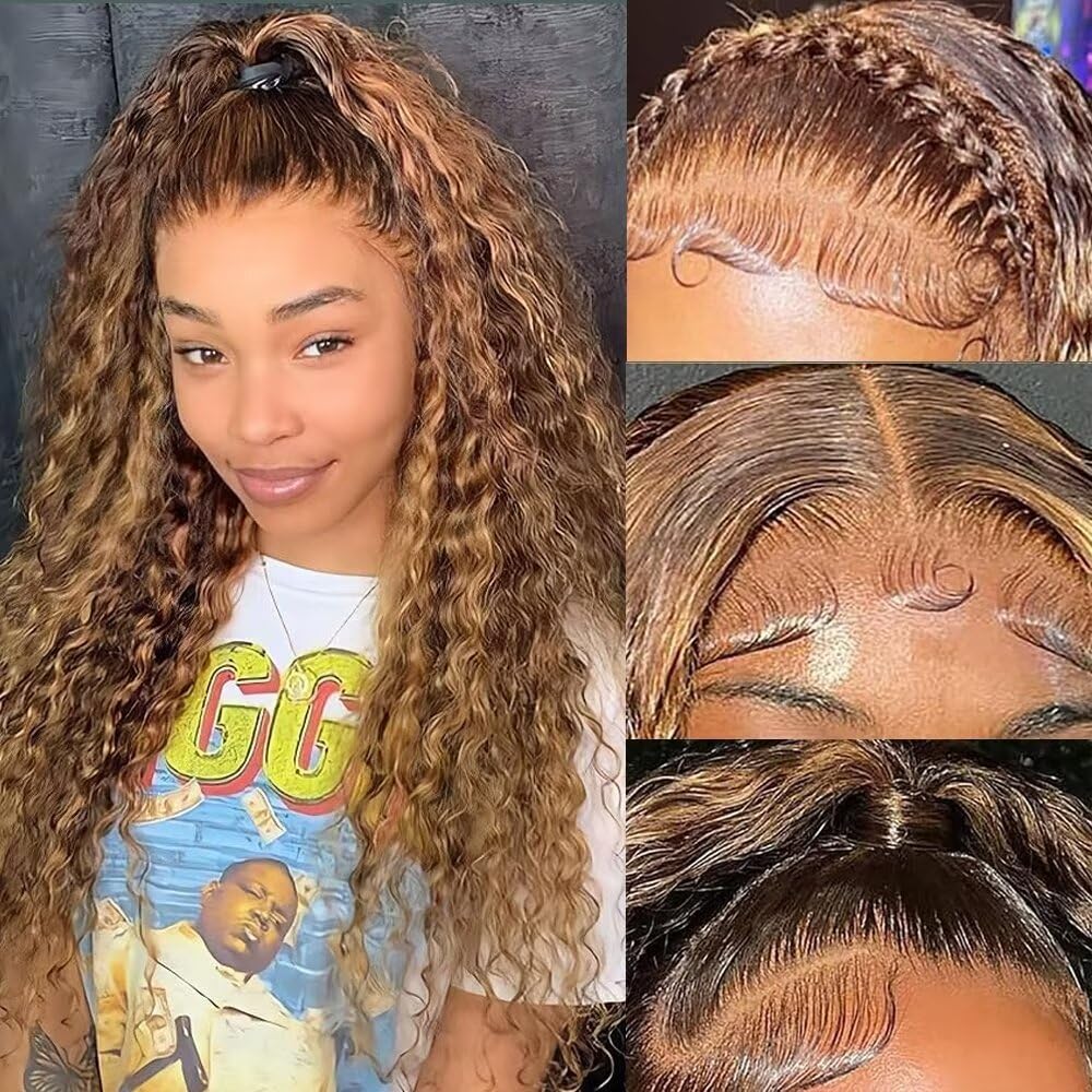 5x5 Water Wave Lace Front Human Hair Wig for Women - 180% Density HD Lace Closure Wig with Baby Hair, Pre-Plucked, Wet & Wavy Honey Blonde Curly 18 Inch - Perfect for Daily Wear, Parties, and Special Occasions