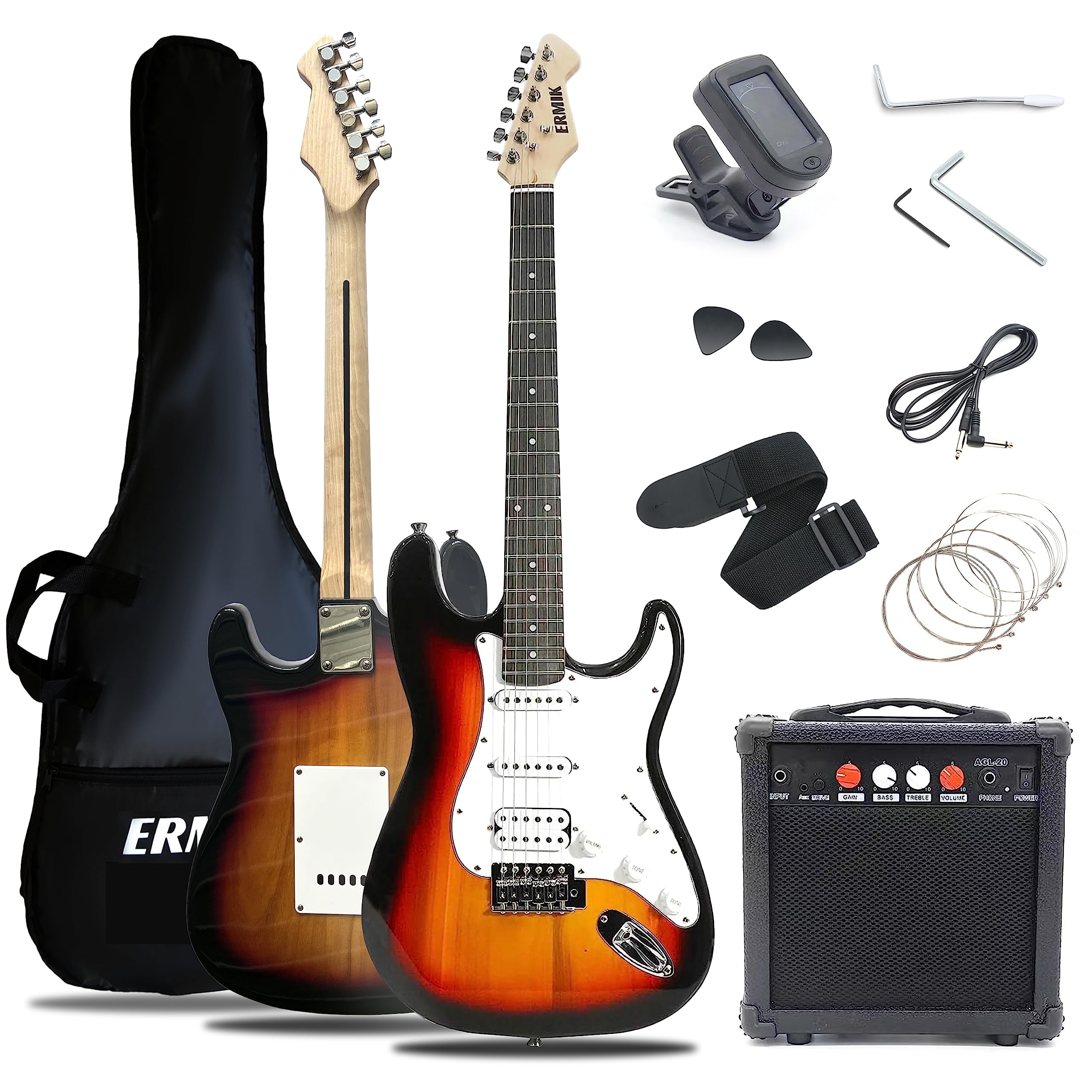 Ermik Solid Body Electric Guitar Kit with 20W Amp, HSS Pickups, Strings, Strap, Digital Tuner, Picks, Gig Bag, Cable & Tremolo Bar - 39