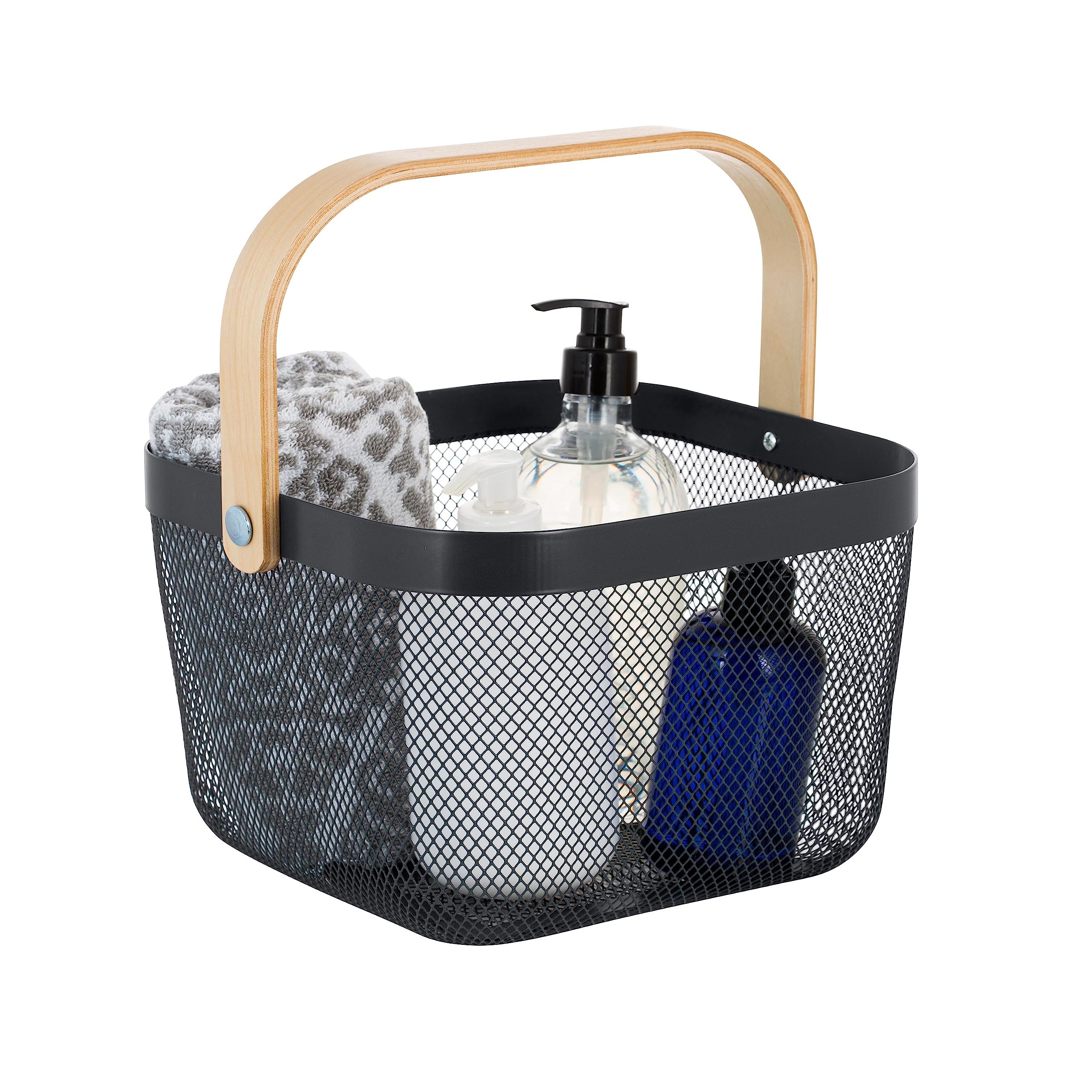 Durable Grey Mesh Tote Basket with Bamboo Handle - Multi-Purpose Shower Caddy & Grocery Organizer - Perfect for Bathroom Storage, Shopping, and Home Organization