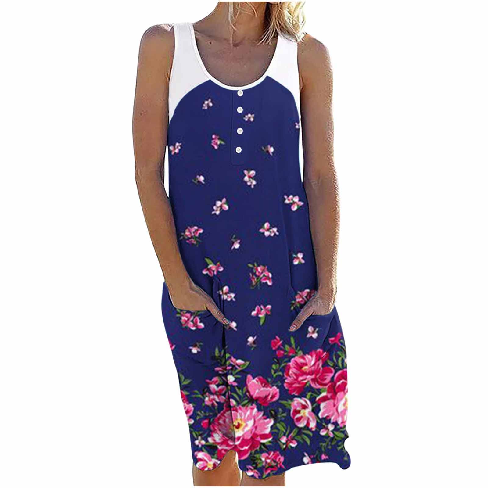 Women's Casual Summer Sleeveless Pleated Sun Dress - Knee Length Tank Dress with Pockets, Floral Print Beach Dress for Vacation, Party & Outdoor Activities