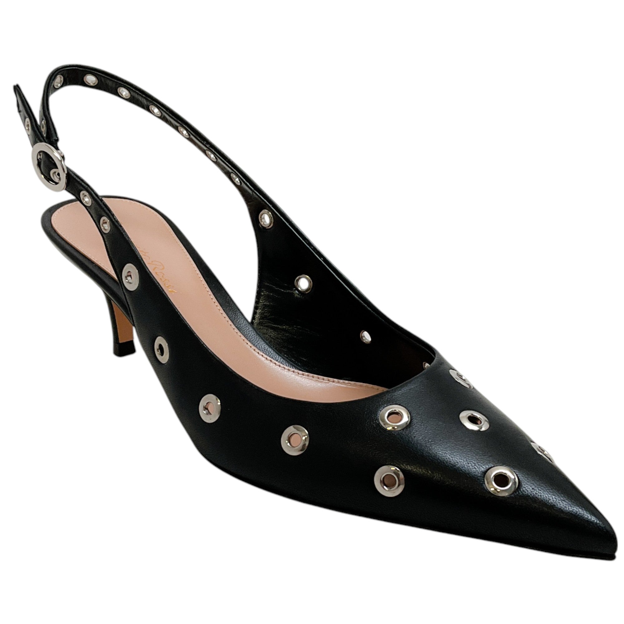 Gianvito Rossi Women's Black Leather Kitten Heel Pump Shoes with Grommet Details - Elegant Pointed Toe Dress Pumps for Work, Party & Evening Wear