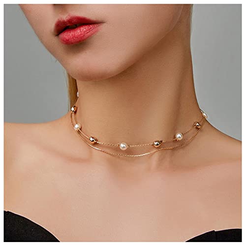 Bohemian Layered Pearl Choker Necklace - Gold Box Chain Pearl Beaded Clavicle Necklace for Women | Elegant Short Pearl Station Necklace Jewelry for Girls | Perfect for Weddings, Parties & Everyday Wear