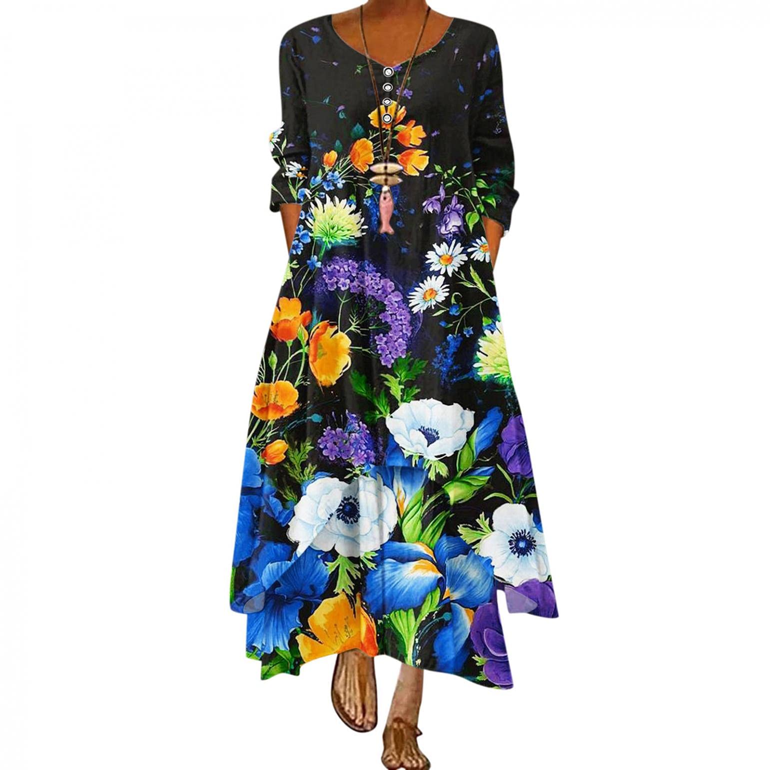 Plus Size Floral Maxi Dress for Women - Loose Bohemian Summer Beach Caftan with Pockets | Perfect for Vacations, Pool Parties & Casual Outings