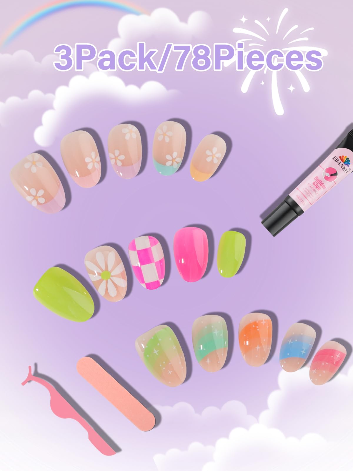 EBANKU 78 Pieces Press on Nails for Kids - 3 Pack Colorful Flower Fake Nail Kit with Jelly Adhesives & Nail Glue for Girls 8-12 Years | Perfect for Birthday Parties, Playdates & DIY Nail Art Fun