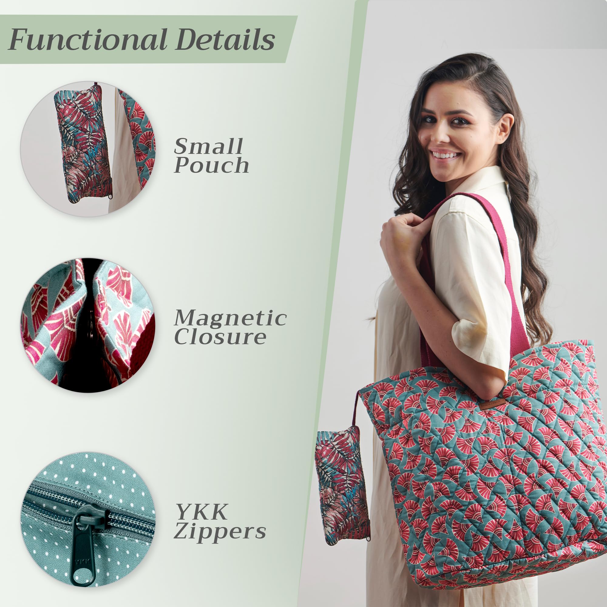Maison d'Hermine Quilted Cotton Tote Bag with Zipper Pockets & Detachable Pouch - Stylish Shopping, Work, Travel & Lunch Bag for Women | Durable Grocery Tote for Everyday Use, Office Commute & Weekend Getaways