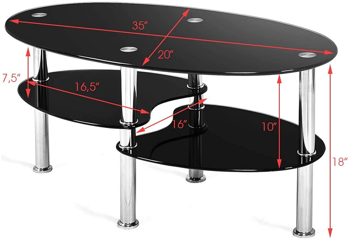 Modern 3-Tier Oval Glass Coffee Table - Moccha Design with Spacious Tempered Glass Top & Sturdy Chrome Legs - Perfect for Living Room, Office, Reception Area - Black End Table for Coffee, Books & Home Decor