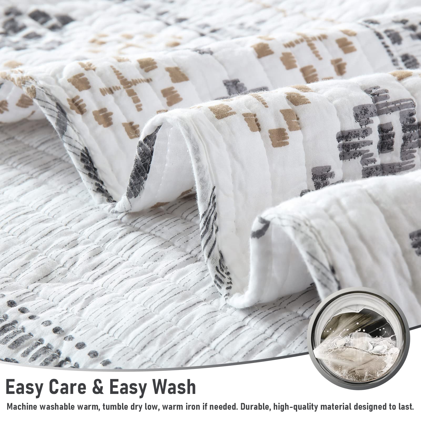 Finlonte Boho Quilt Set Queen Size - 3 Piece White & Grey Bohemian Bedding with Striped Print | All Season Comfort for Bedroom, Guest Room & Dorm Decor