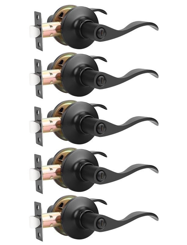 Mengico 5 Pack Black Interior Door Lock Set - Reversible Wave Lever Handles for Bedroom, Bathroom & Privacy Doors | Durable & Stylish Home Hardware Upgrade