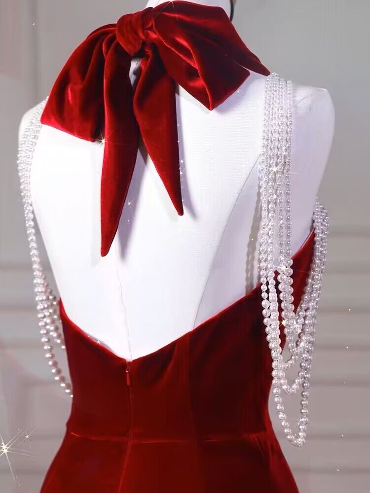 Burgundy Velvet Mermaid Prom Dress - Elegant Halter Neckline for Birthday Party & Special Occasions | J2962 | Perfect for Homecoming, Evening Gala & Formal Events