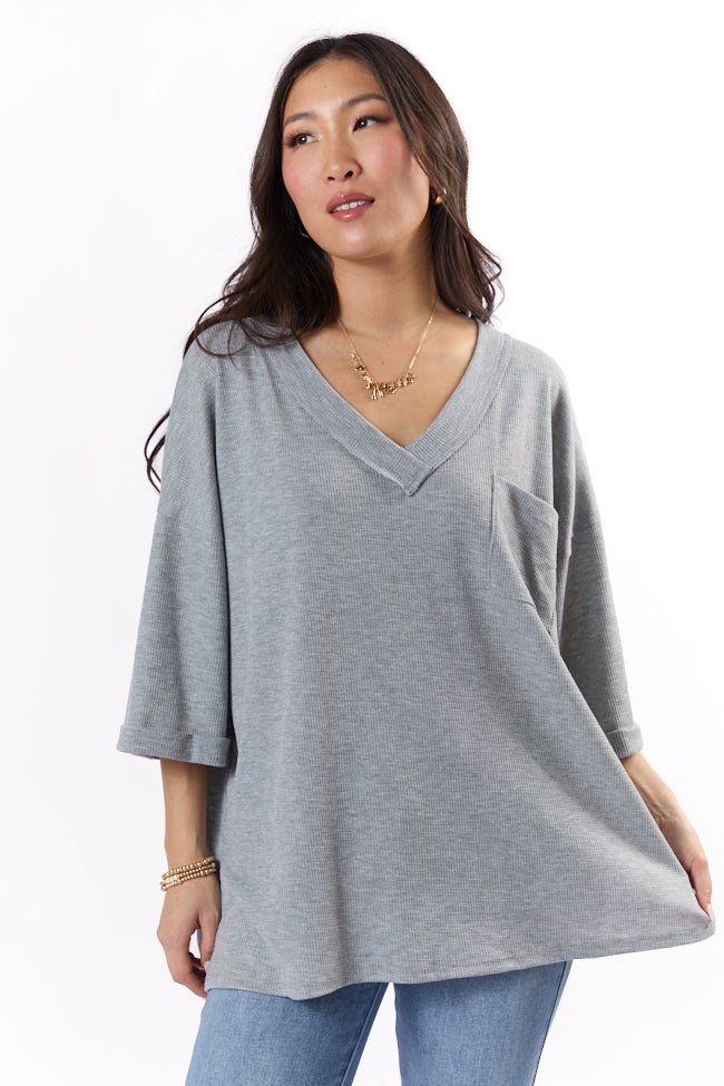 It's Our Time Grey Oversized Pocketed Waffle Tee - Soft & Comfortable Long Sleeve Shirt for Women | Perfect for Casual Wear, Layering & Fall Outfits