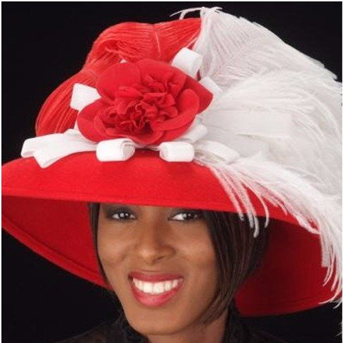 FW1116 Women's Red Felt Hat with Ostrich Feathers & Floral Decor - Elegant Party, Wedding, and Special Occasion Accessory