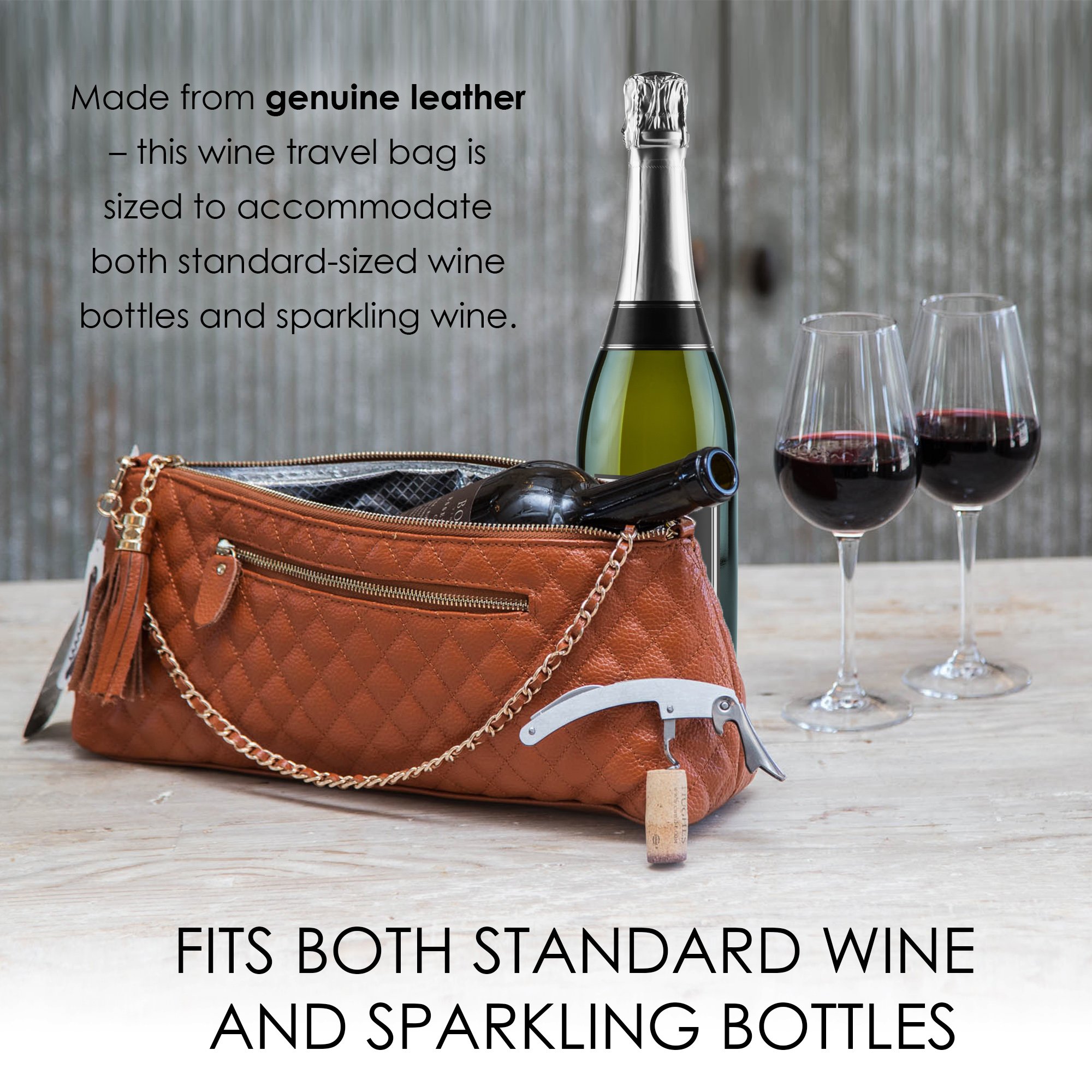 Premium Genuine Leather Insulated Wine Tote Bag - Crossbody Travel Carrier with Shoulder Strap & Built-in Corkscrew | Perfect for Picnics, Parties & Wine Tasting Events (Black)