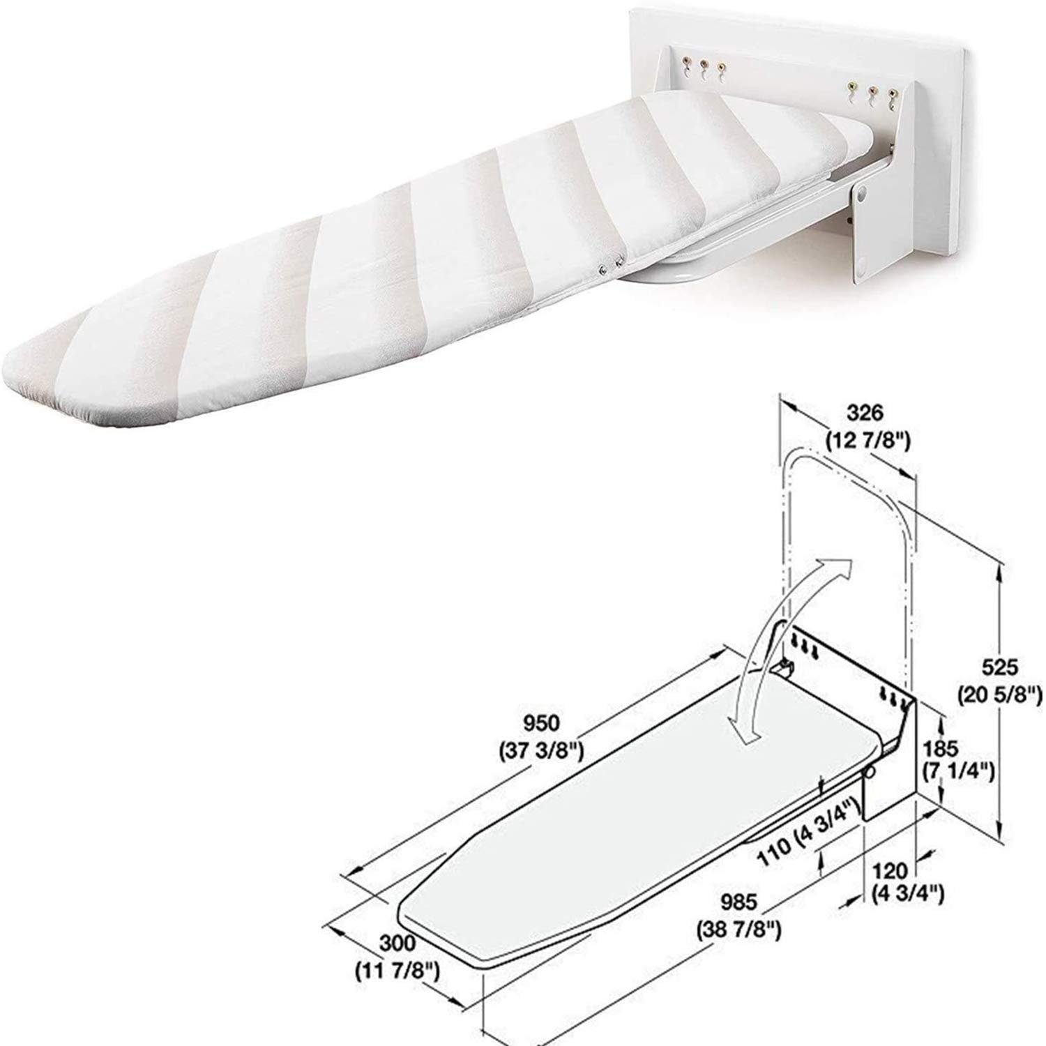 MYOYAY 13 x 37 Inch Wall Mounted Foldable Ironing Board - 180° Swivel Space-Saving Design with Heat Resistant Cover - Perfect for Small Apartments, Laundry Rooms & Home Use - White