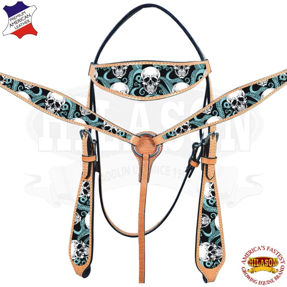 Premium HILASON Western Horse Headstall & Breast Collar Set - Genuine American Leather Tan Tack for Horses | Durable Leather Headstall & Breast Collar Combo | Perfect for Trail Riding, Rodeo & Western Horse Training