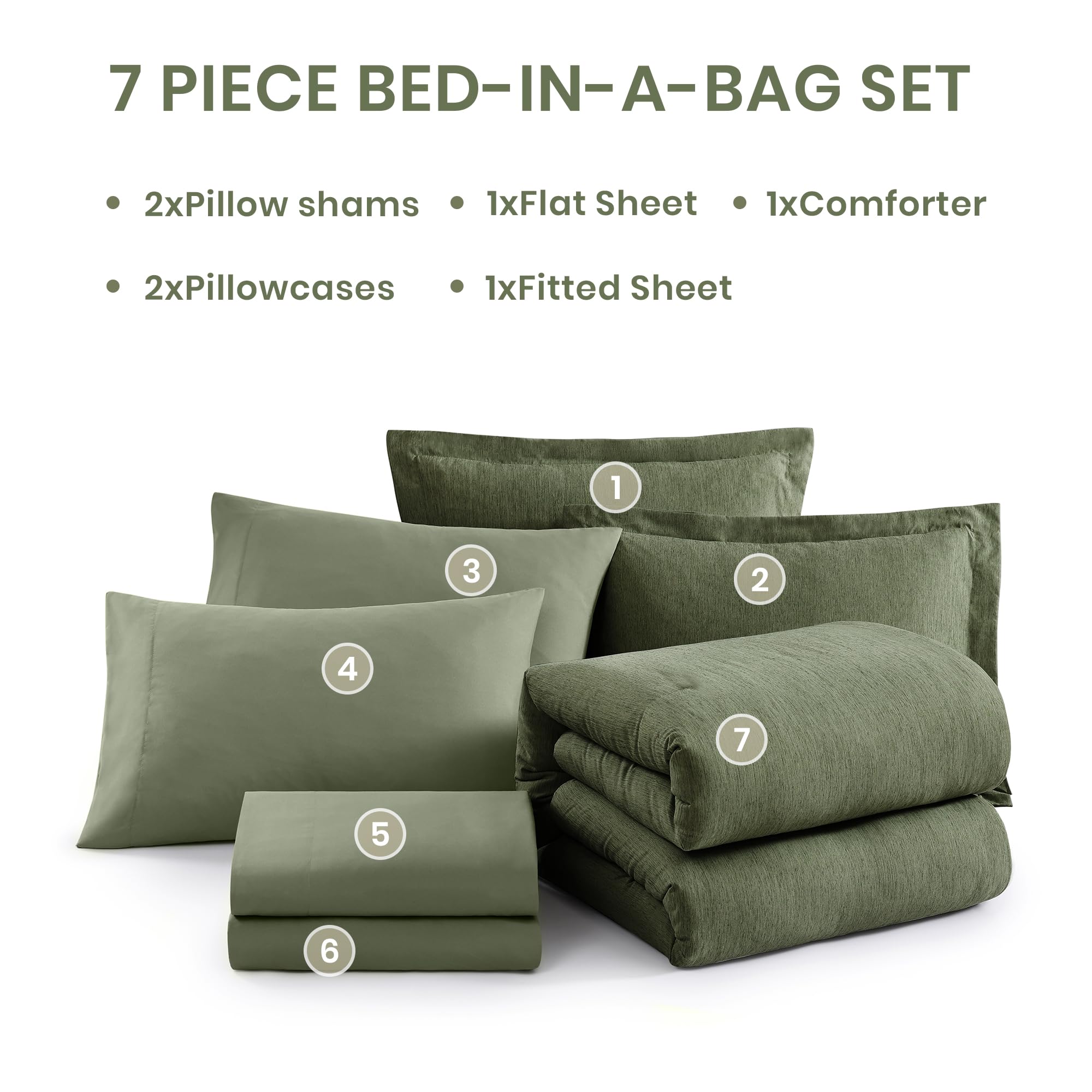 Monbix Queen Comforter Set - 7 Piece Olive Green Reversible Bedding Set with Comforter, Sheets & Pillowcases | Cationic Dyeing Technology | Perfect for Master Bedroom, Guest Room & Dorm Decor