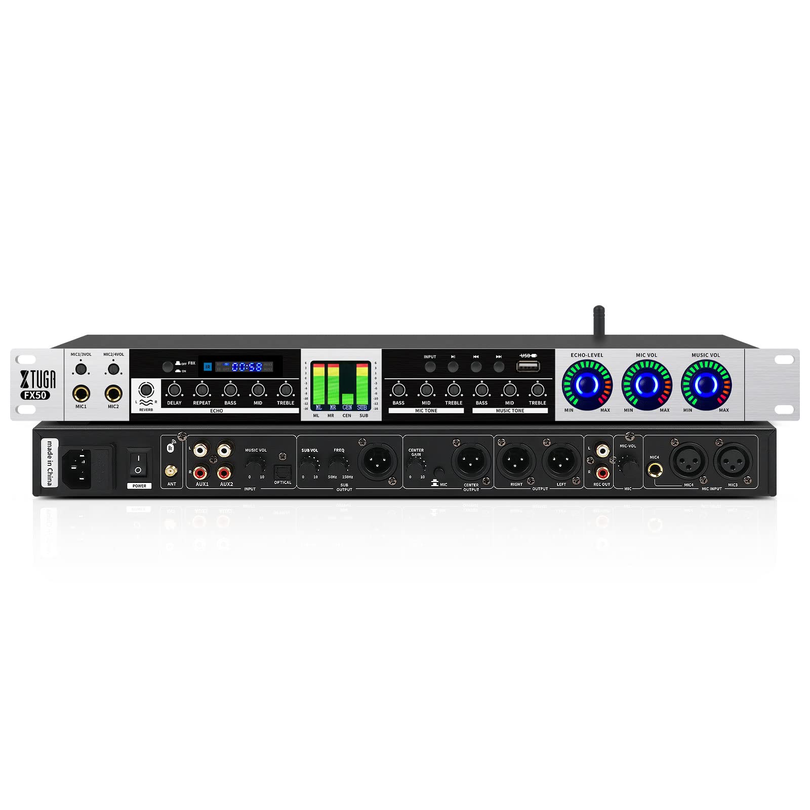 XTUGA FX50 Professional KTV Digital Audio Processor with Anti-Feedback, Echo, USB, MP3, Bluetooth & Optical Input - 5 Mic Inputs for Home Karaoke, Stage Performances, Church Events & Live Shows - Perfect for Singing Practice, Parties, and Professional Performances