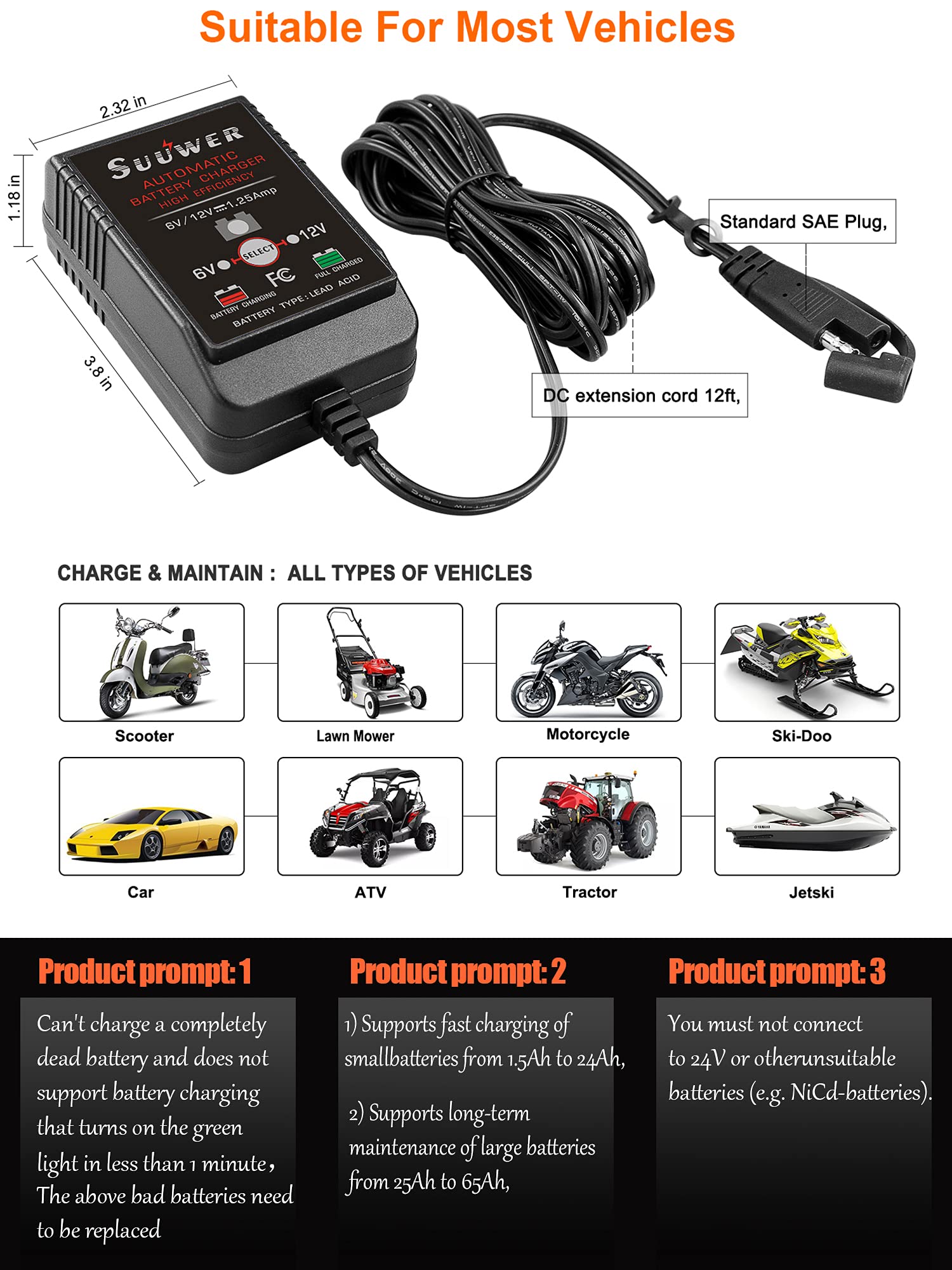 1.25-Amp Smart Trickle Battery Charger & Maintainer for 6V/12V Batteries - Fully Automatic Motorcycle, ATV, Boat, Lawn Mower Charger - Ideal for Winter Storage & Seasonal Vehicle Maintenance