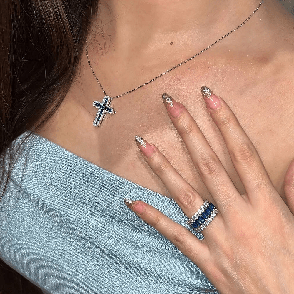Blue Sapphire & White Sapphire Cross Pendant Necklace - Elegant Religious Jewelry for Women - Perfect for Church, Weddings & Special Occasions