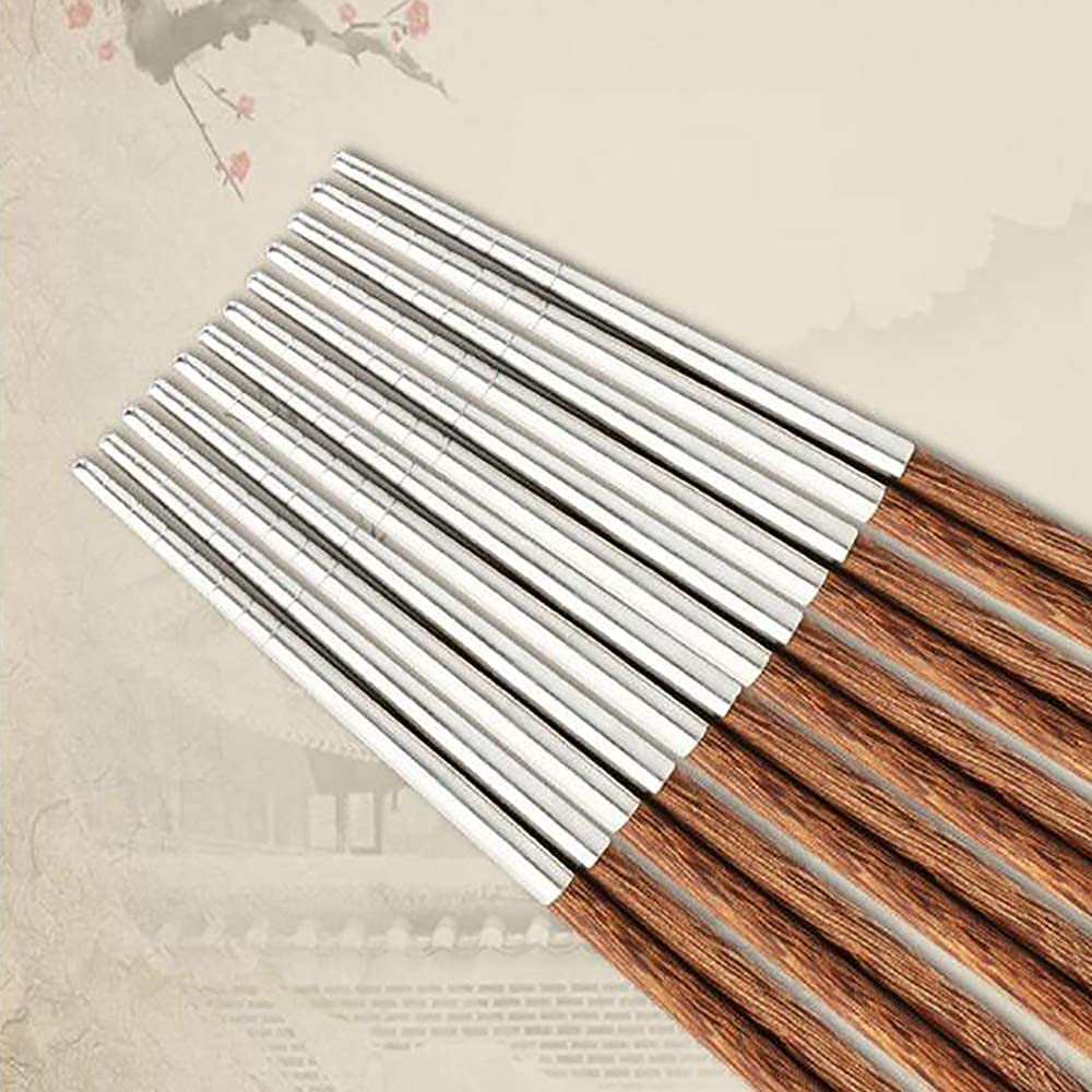 Premium Reusable Metal and Wooden Chopsticks Set - 5 Pairs Food Grade Stainless Steel & Wood Chopsticks for Sushi, Noodles, Rice - Non-Slip, Dishwasher Safe, 25cm/9.2