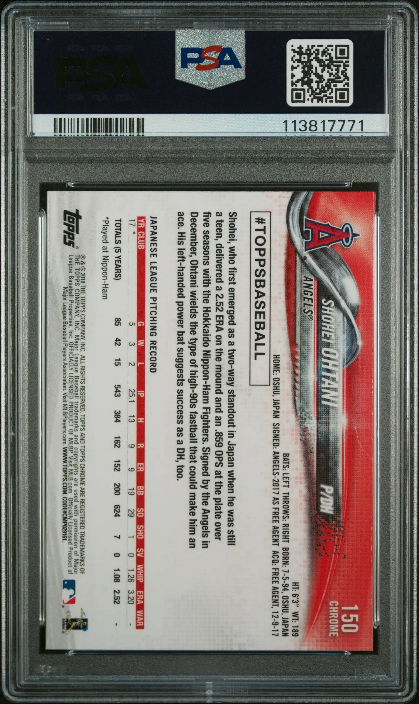 2018 Topps Chrome Baseball Shohei Ohtani RC Rookie Pitching PSA 10 Gem Mint - Rare Baseball Card for Collectors & Investors - Perfect for Display, Trading, and Sports Memorabilia Collections