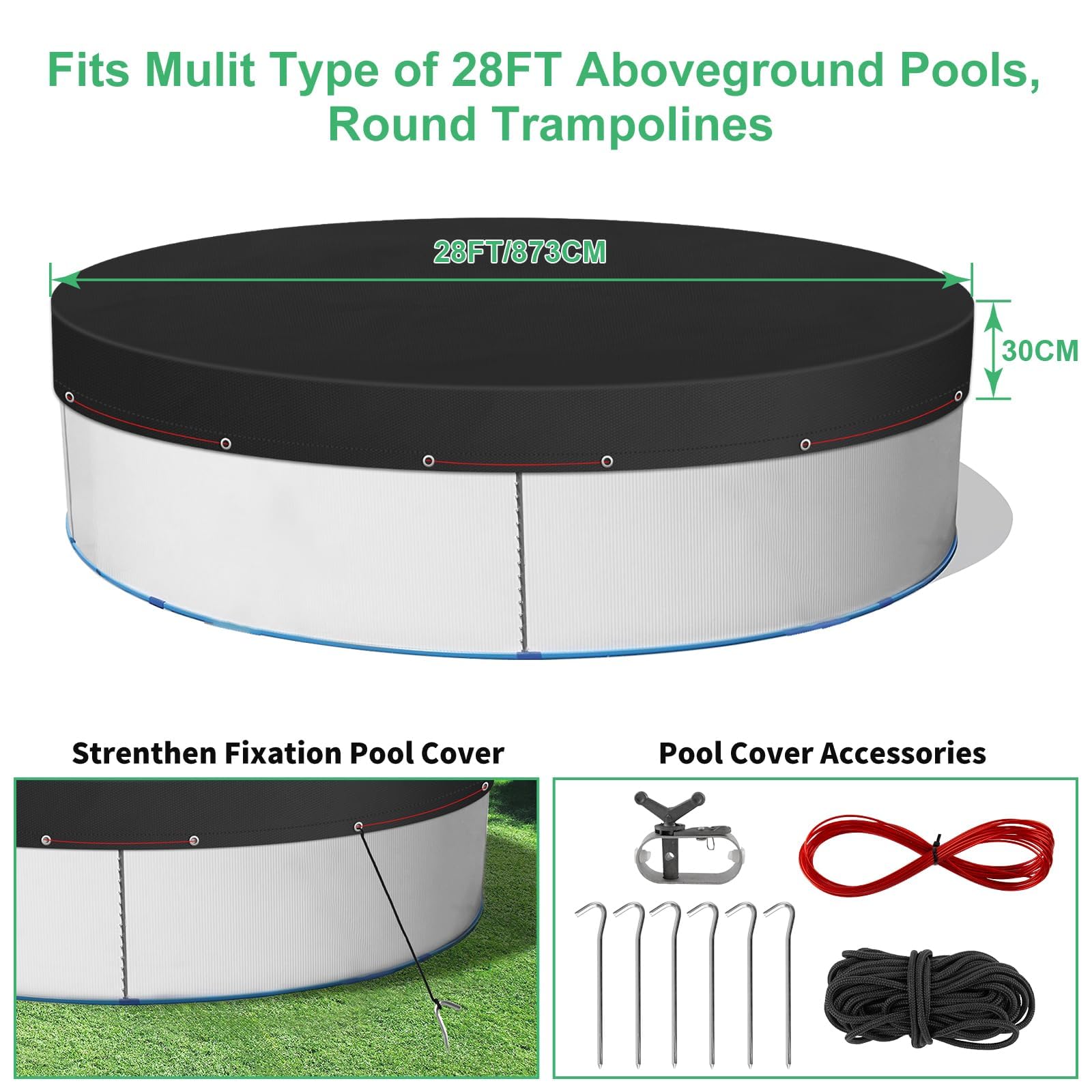 28FT Solar Pool Cover for Above Ground Pools - Round Hot Tub & Stock Tank Cover - Waterproof & UV Resistant with Ground Nails, Winch & Cable - Perfect for Winter Protection & Energy Savings