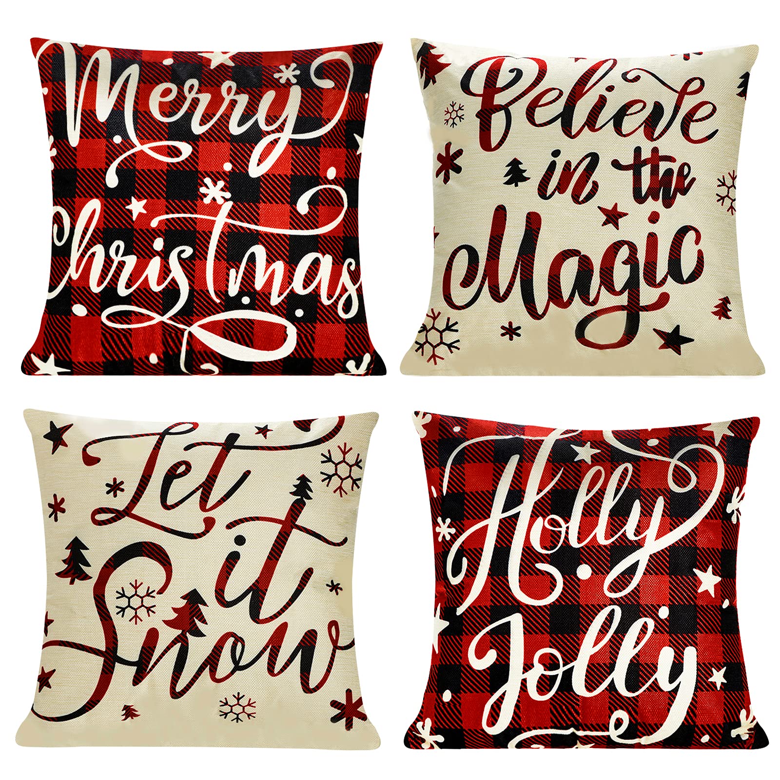 Joyhalo Christmas Farmhouse Throw Pillow Covers Set of 4 - 18x18 Inch Cotton Linen Cushion Cases for Sofa, Couch & Home Decor - Perfect for Holiday Living Room, Bedroom & Seasonal Festive Decorations