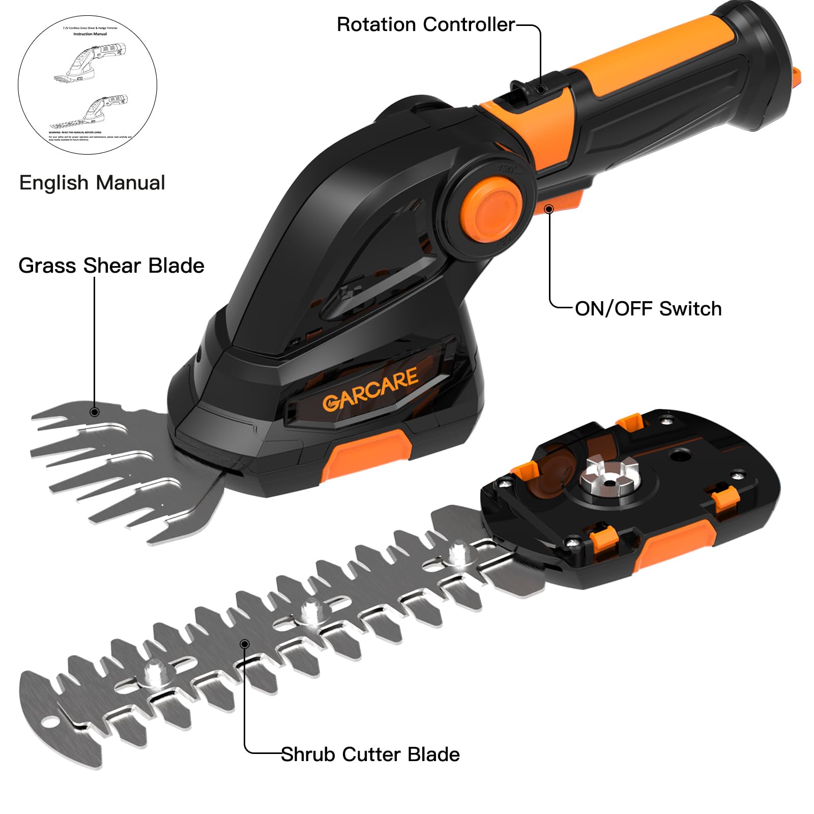 GARCARE 2-in-1 Cordless Grass Shears & Electric Hedge Trimmer - 20V Handheld Bush Trimmer with 1500mAh Lithium-Ion Battery for Shrubs, Garden, Lawn Care & Yard Maintenance - Perfect for Landscaping, Hedge Trimming & Grass Edging