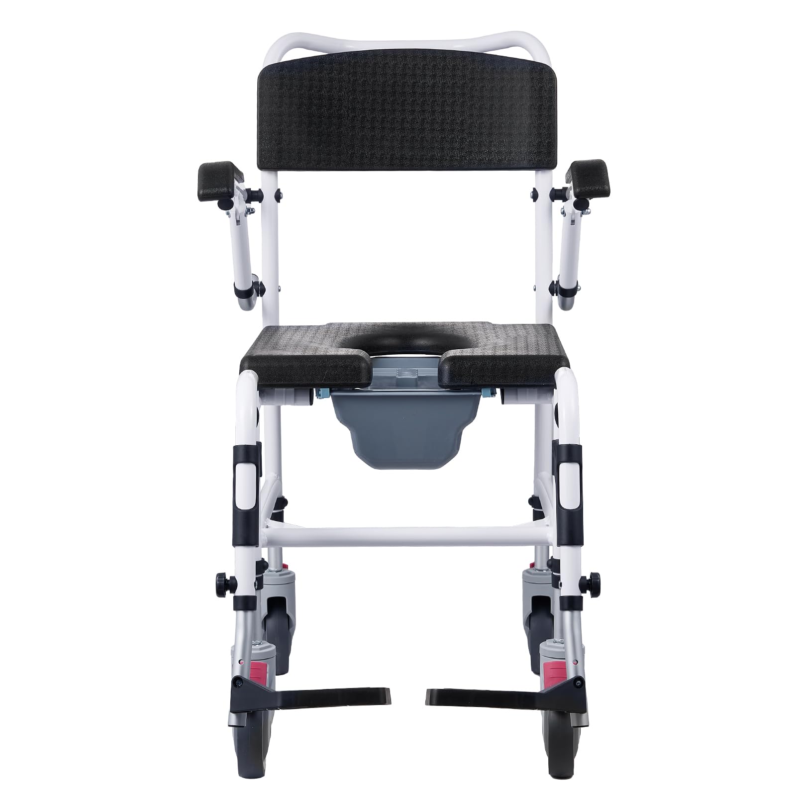 VEVOR Shower Commode Wheelchair with 4 Lockable Wheels & Flip-up Arms - Adjustable Height (3 Levels), 5L Removable Bucket & Footrests - 350 lbs Capacity - Ideal for Elderly & Disabled Adults - Perfect for Bathroom Safety & Mobility Assistance