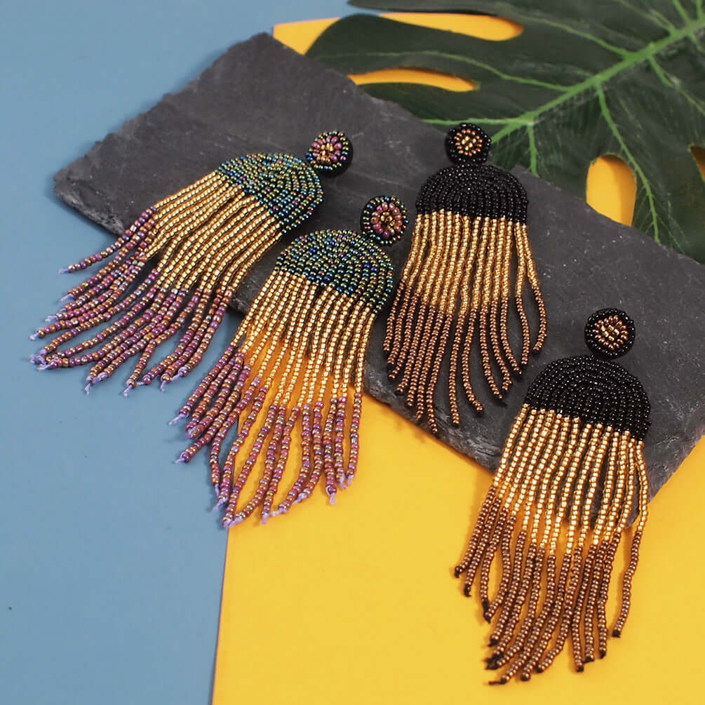 Bohemian Color Seed Beads Tassel Fringe Earrings for Women | Handmade Dangle Earrings with Natural Stones | Perfect for Festivals, Parties and Boho Fashion (Style E68671)