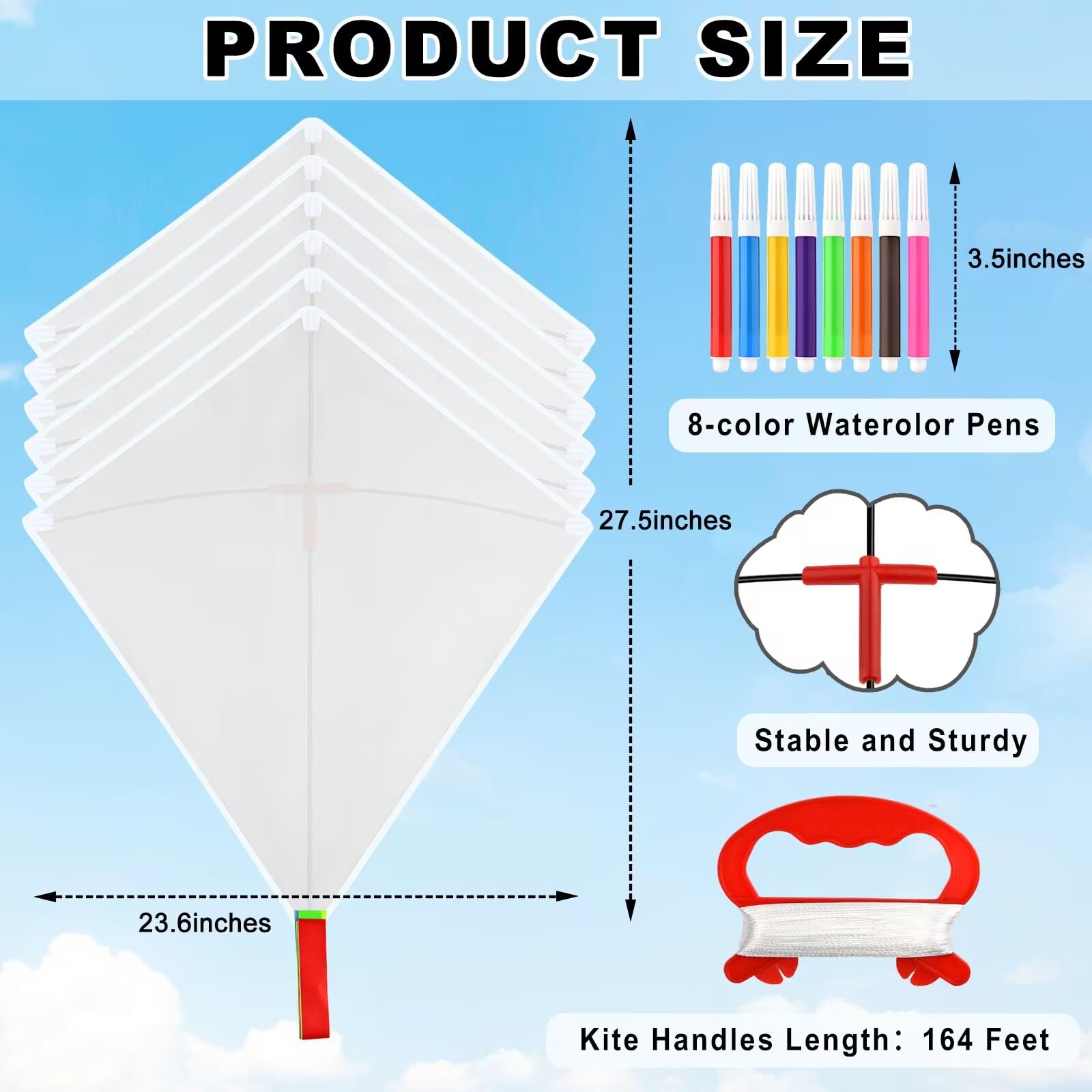 DIY Kite Making Kit - Blank Diamond Kite with Watercolor Pens & 164ft String for Kids Outdoor Activities, Summer Beach Flying, Park Picnics, and Family Fun