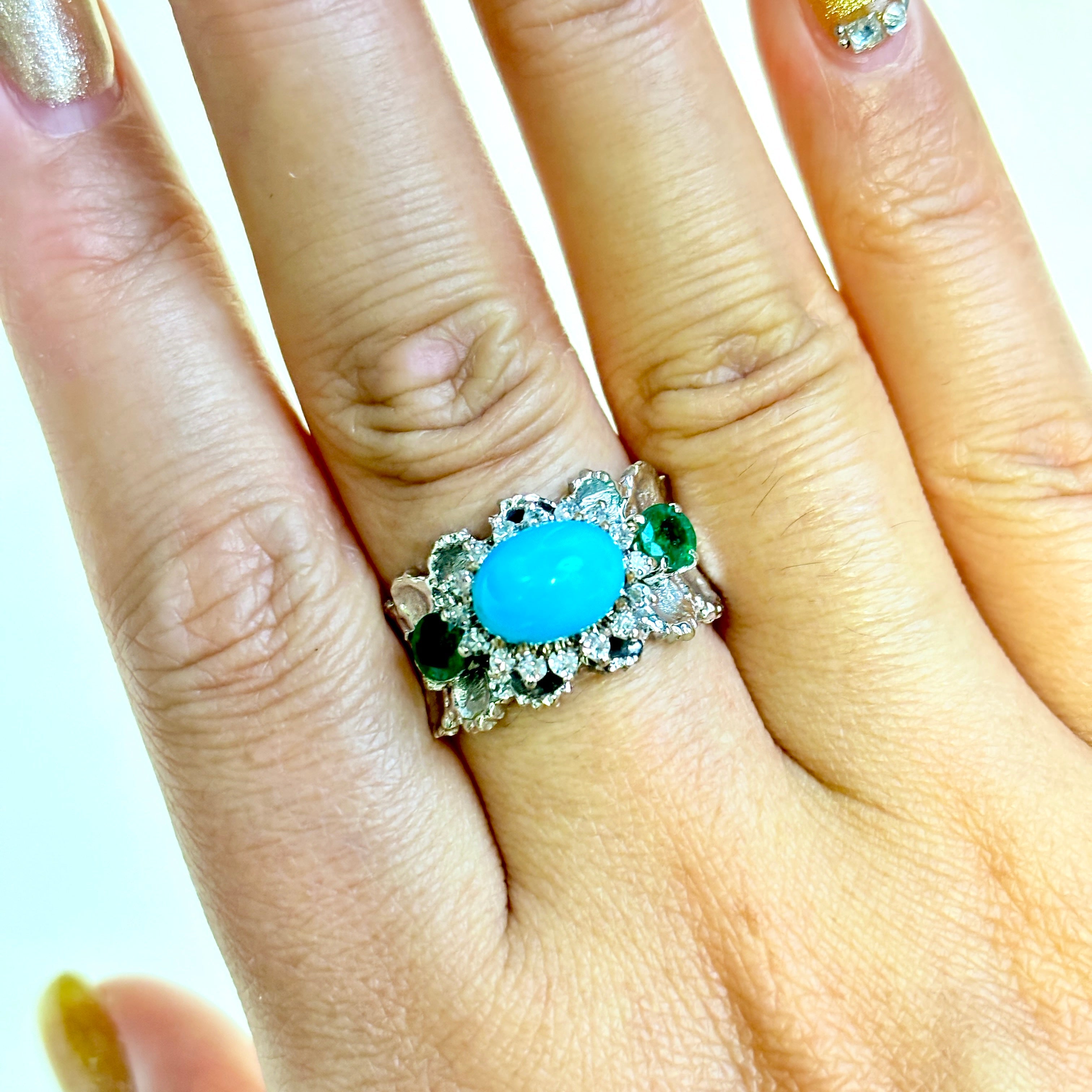 18K White Gold Turquoise, Emerald & Diamond Ring - 3.10ct Natural Gemstone, 0.47ctw & 0.28ctw Diamonds - Size 8.5 - Elegant Wedding, Engagement & Anniversary Jewelry Gift
