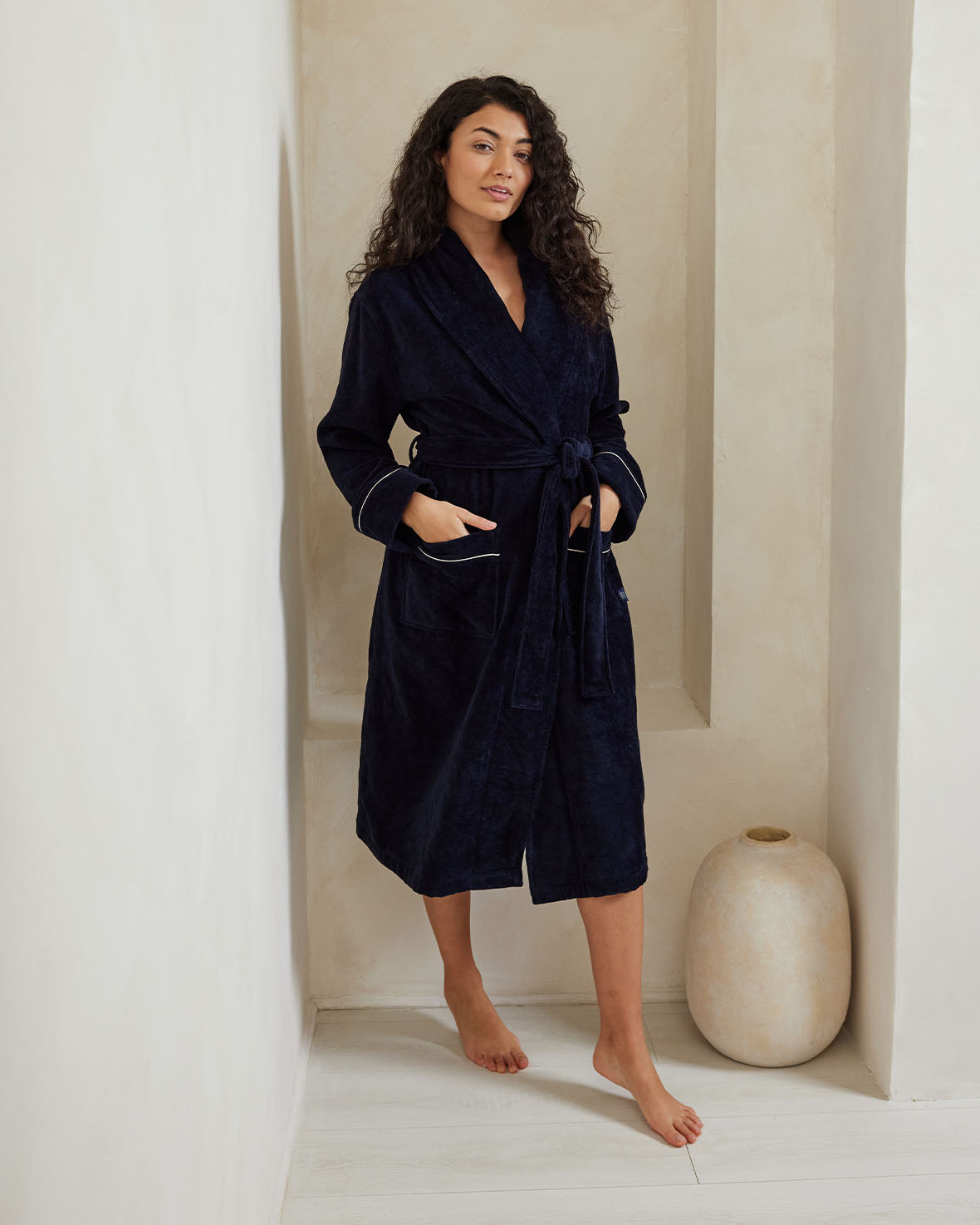 Premium Cotton Toweling Dressing Gown for Women & Men - Soft Absorbent Bathrobe with Pockets - Navy Blue - Perfect for Spa, Lounge & Post-Shower Comfort
