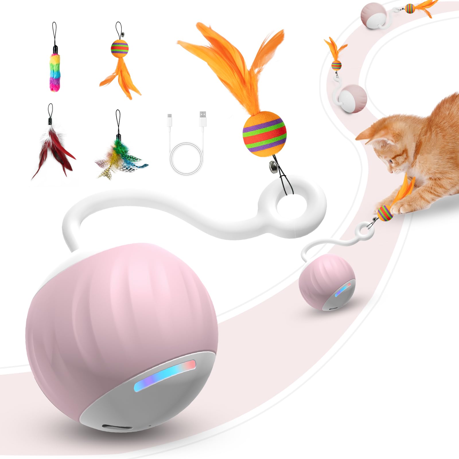 AAA AMUSANG 5-in-1 Interactive Cat Toys - Smart Automatic Cat Ball with Sound & Touch Control, LED Feather & Type-C Charging - Durable Exercise Toys for Indoor Kittens (Pink) | Perfect for Playtime, Training & Stimulating Your Cat's Natural Hunting Instincts
