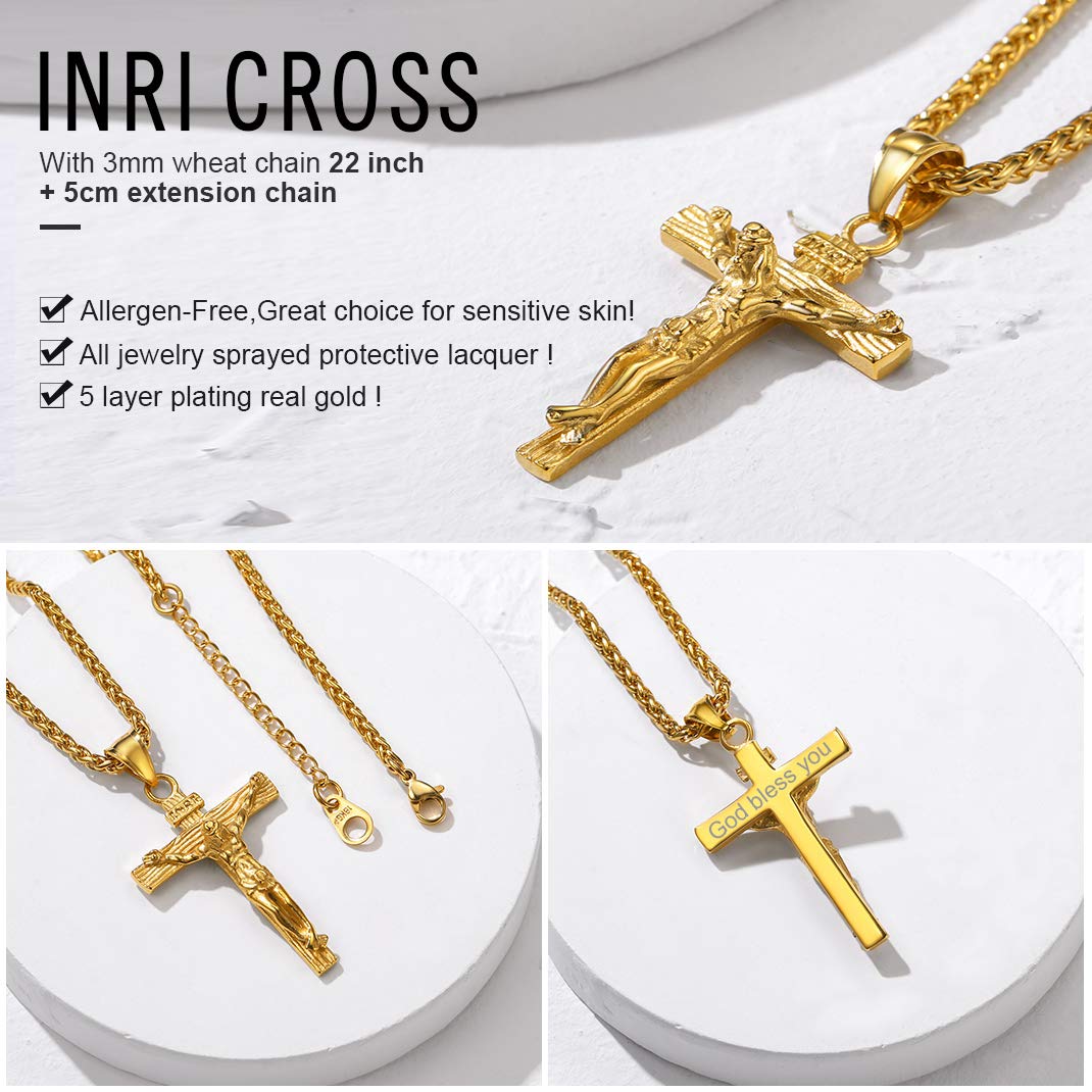 GOLDCHIC Sterling Silver Cross INRI Crucifix Pendant Necklace with Virgin Mary Miraculous Medal - Religious Christian Jewelry for Women & Men - Perfect for Baptism, First Communion, Confirmation & Daily Faith Wear